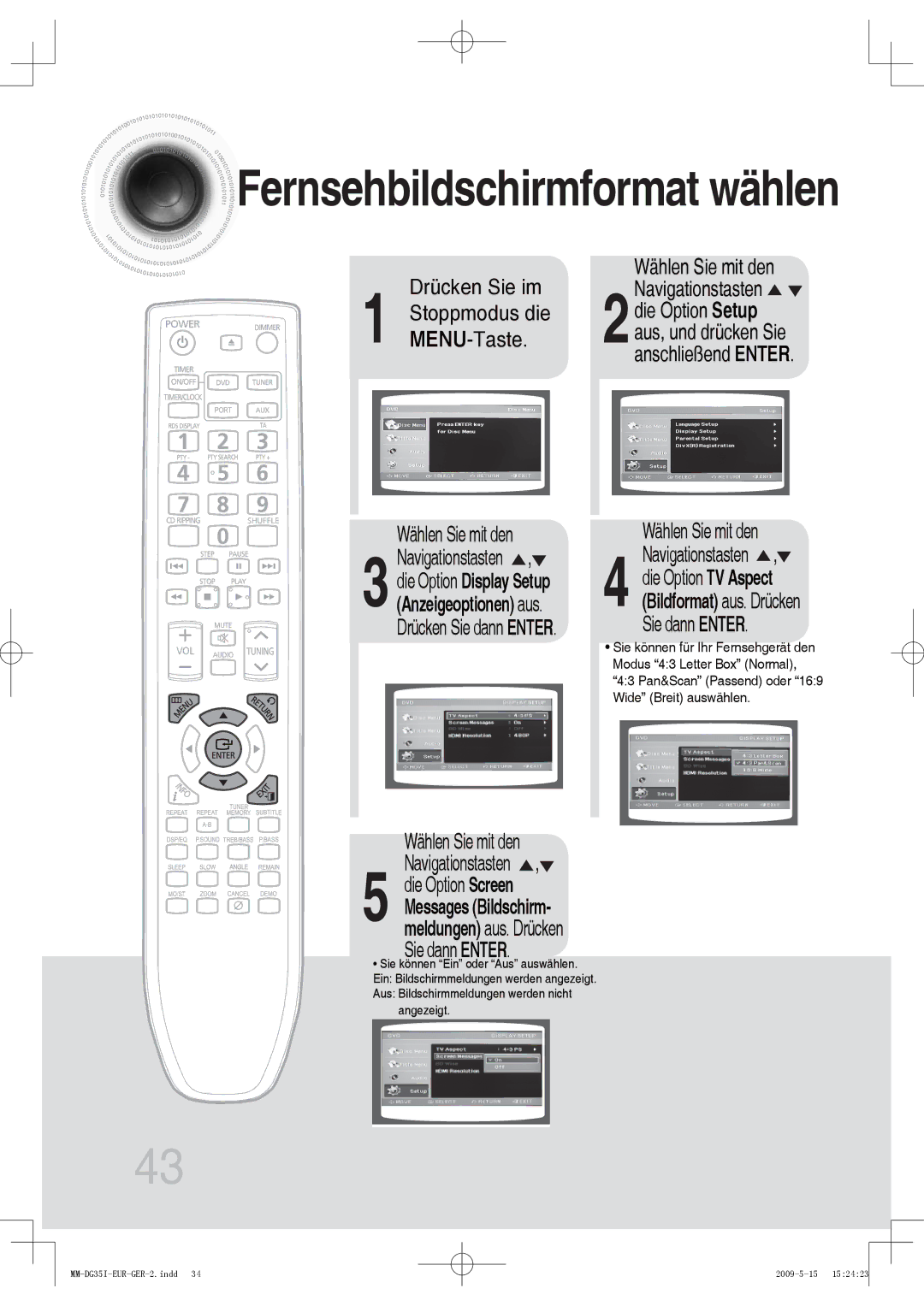 Samsung MM-DG36IR/EDC, MM-DG35R/EDC, MM-DG35IR/EDC manual Drücken Sie dann Enter Wählen Sie mit den, Die Option Screen 