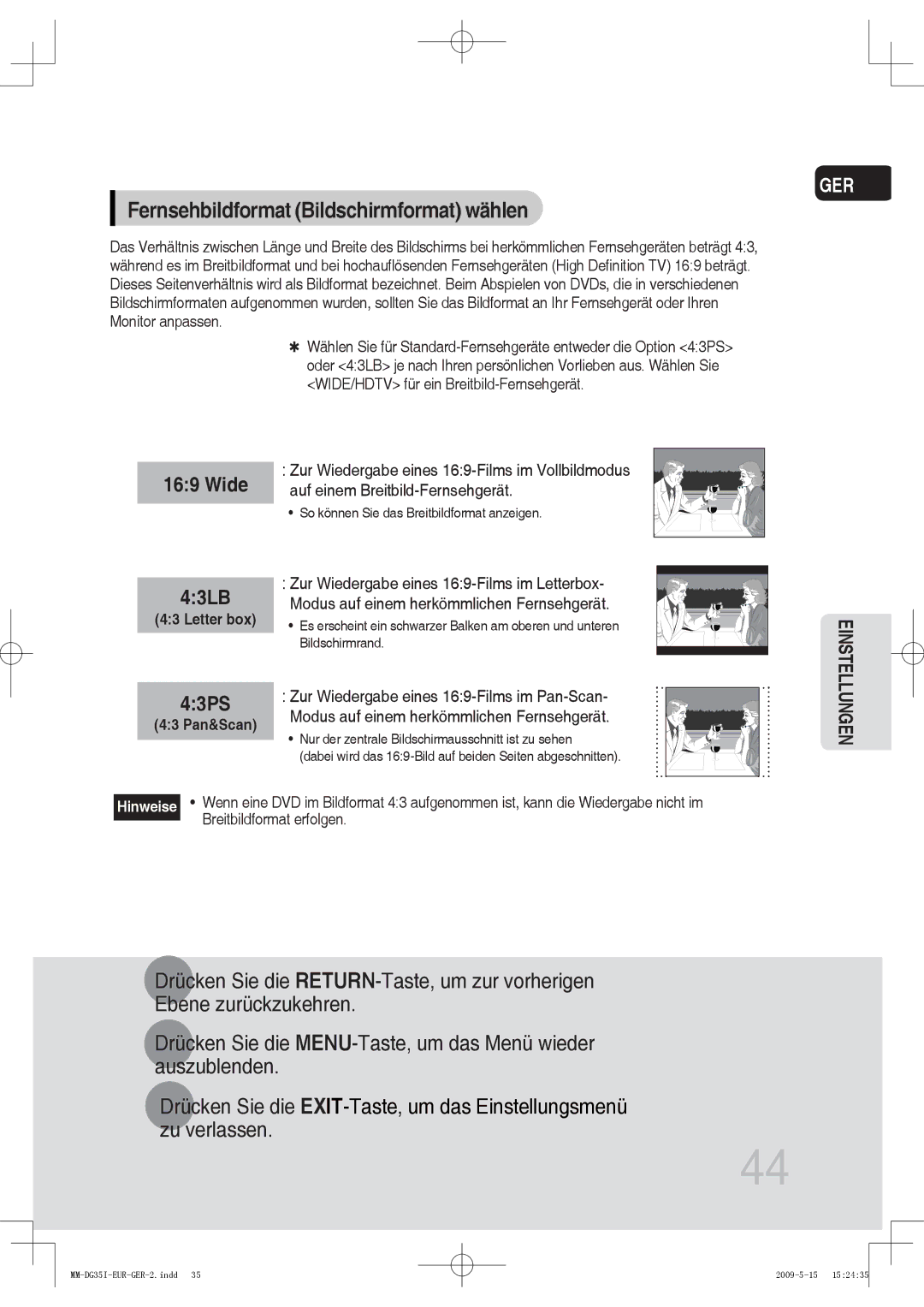 Samsung MM-DG35R/EDC, MM-DG36IR/EDC, MM-DG35IR/EDC, MM-DG35IR/XEF manual Fernsehbildformat Bildschirmformat wählen, Wide 43LB 