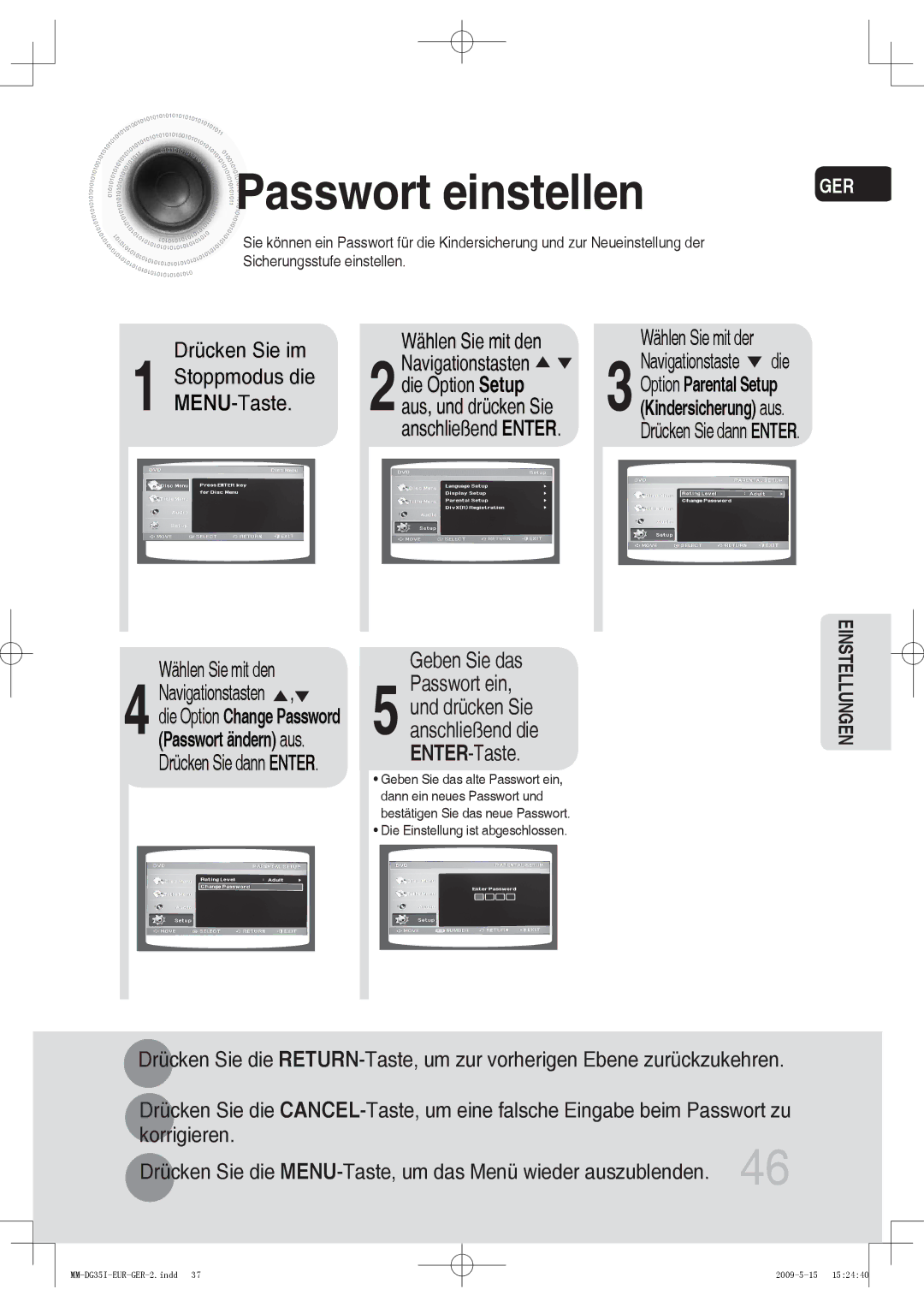 Samsung MM-DG35IR/XEF, MM-DG36IR/EDC, MM-DG35R/EDC, MM-DG35IR/EDC Passwort einstellen, Wählen Sie mit der, Geben Sie das 