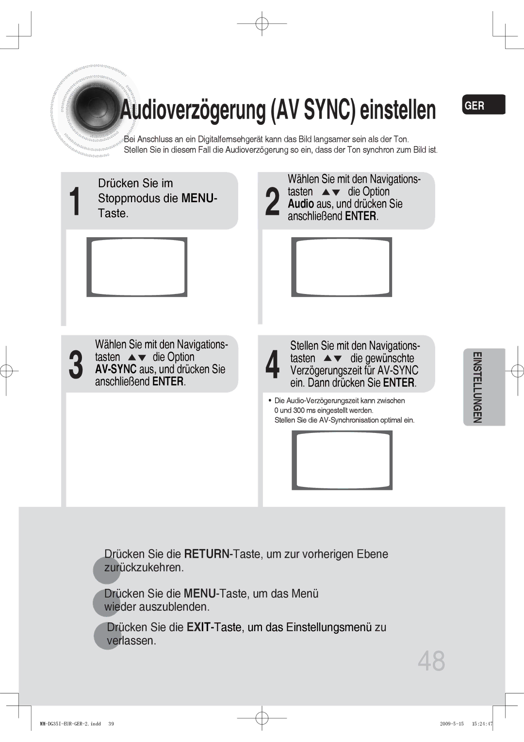 Samsung MM-DG35R/EDC, MM-DG36IR/EDC, MM-DG35IR/EDC manual Wählen Sie mit den Navigations, Stellen Sie mit den Navigations 