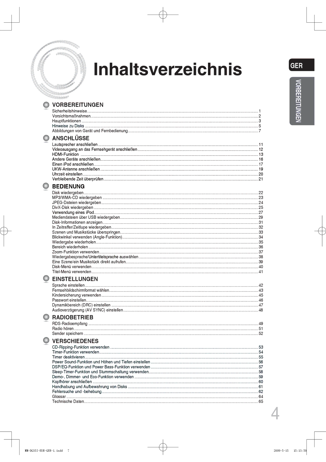 Samsung MM-DG35R/EDC, MM-DG36IR/EDC, MM-DG35IR/EDC, MM-DG35IR/XEF manual Inhaltsverzeichnis, Vorbereitungen 