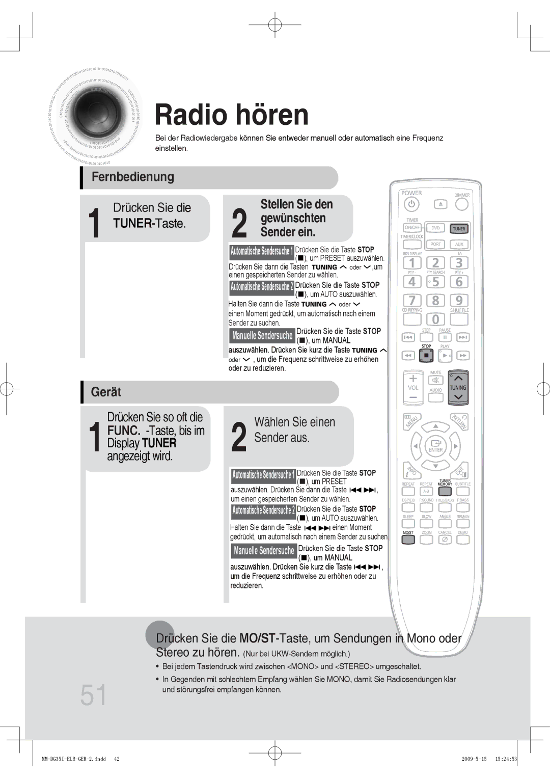 Samsung MM-DG36IR/EDC, MM-DG35R/EDC, MM-DG35IR/EDC, MM-DG35IR/XEF manual Radio hören, Fernbedienung, Gerät, Stellen Sie den 