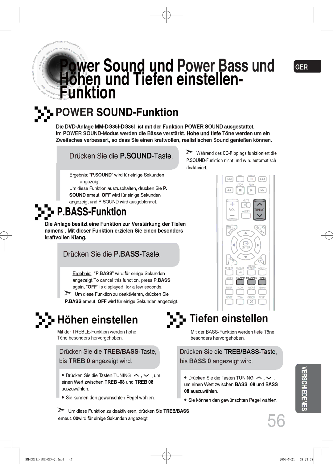 Samsung MM-DG35R/EDC, MM-DG36IR/EDC, MM-DG35IR/EDC manual Drücken Sie die P.SOUND-Taste, Drücken Sie die P.BASS-Taste 