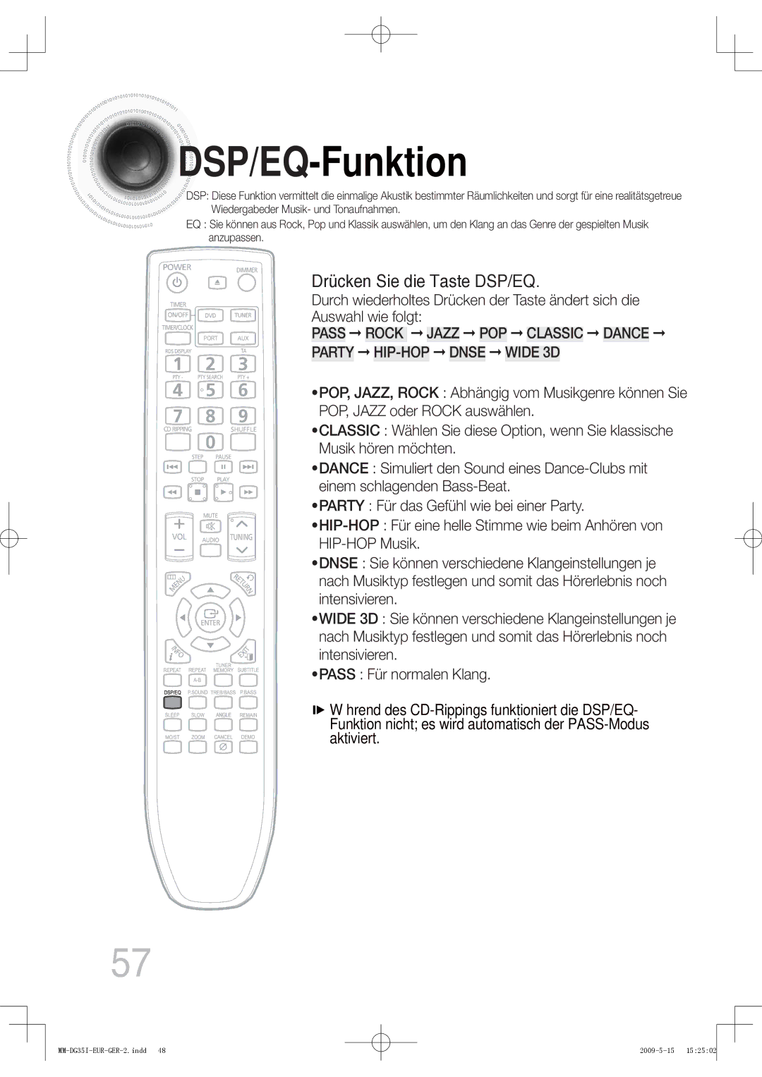 Samsung MM-DG35IR/EDC, MM-DG36IR/EDC, MM-DG35R/EDC, MM-DG35IR/XEF manual DSP/EQ -Funktion, Drücken Sie die Taste DSP/EQ 