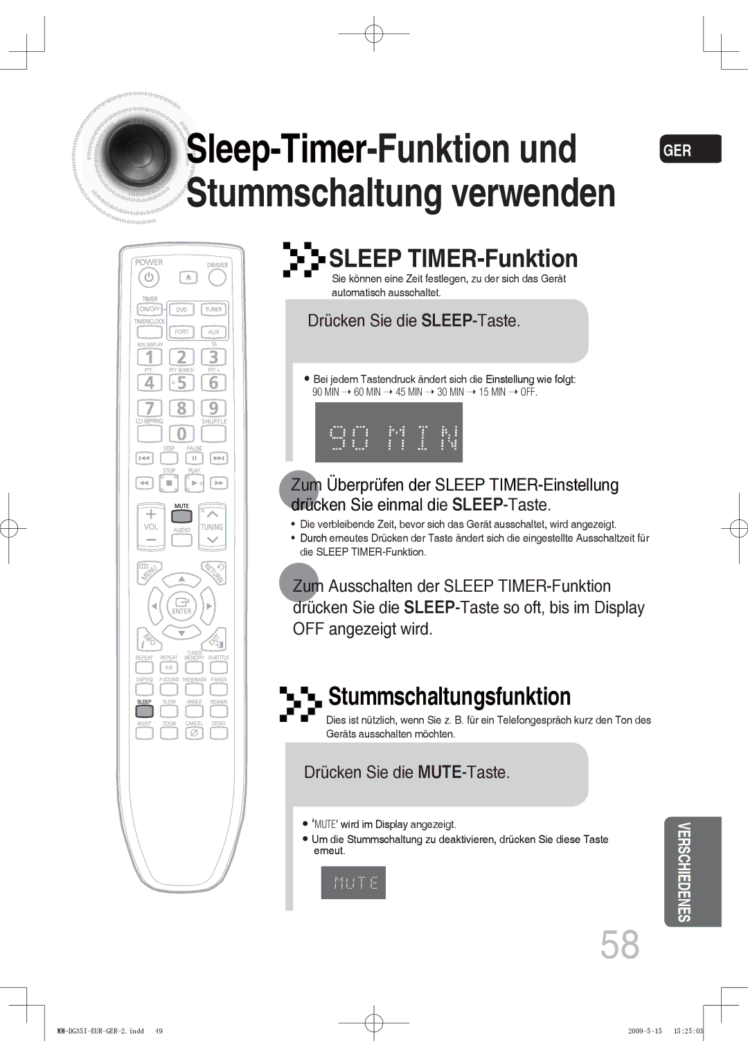 Samsung MM-DG35IR/XEF, MM-DG36IR/EDC, MM-DG35R/EDC, MM-DG35IR/EDC Drücken Sie die SLEEP-Taste, Drücken Sie die MUTE-Taste 