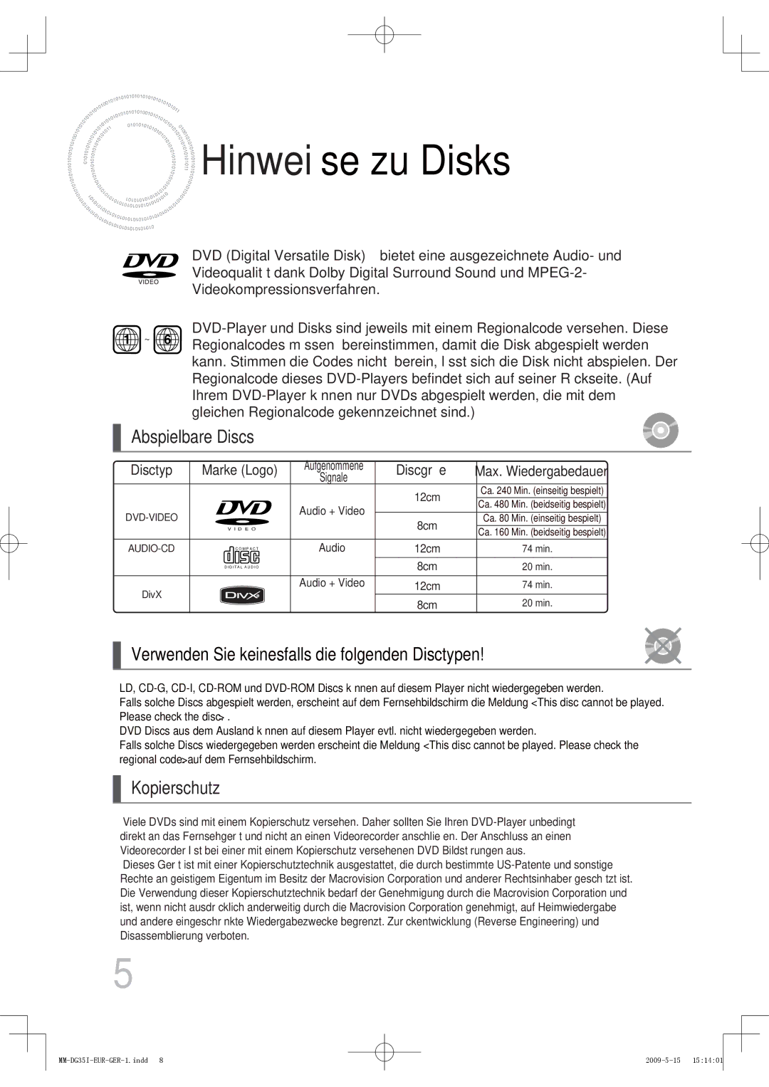 Samsung MM-DG35IR/EDC, MM-DG36IR/EDC, MM-DG35R/EDC, MM-DG35IR/XEF manual Abspielbare Discs, Kopierschutz 