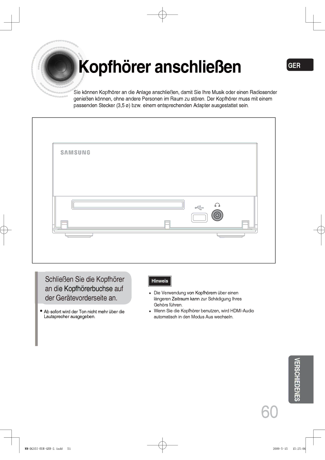 Samsung MM-DG35R/EDC, MM-DG36IR/EDC, MM-DG35IR/EDC, MM-DG35IR/XEF manual Kopfhörer anschließen 