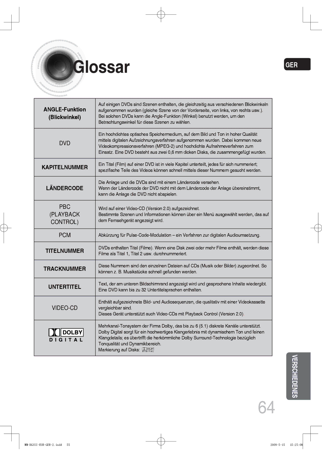 Samsung MM-DG35R/EDC, MM-DG36IR/EDC, MM-DG35IR/EDC, MM-DG35IR/XEF manual Glossar, ANGLE-Funktion 