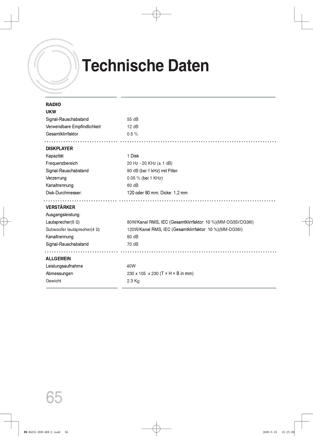 Samsung MM-DG35IR/EDC, MM-DG36IR/EDC, MM-DG35R/EDC, MM-DG35IR/XEF manual Technische Daten, Radio 