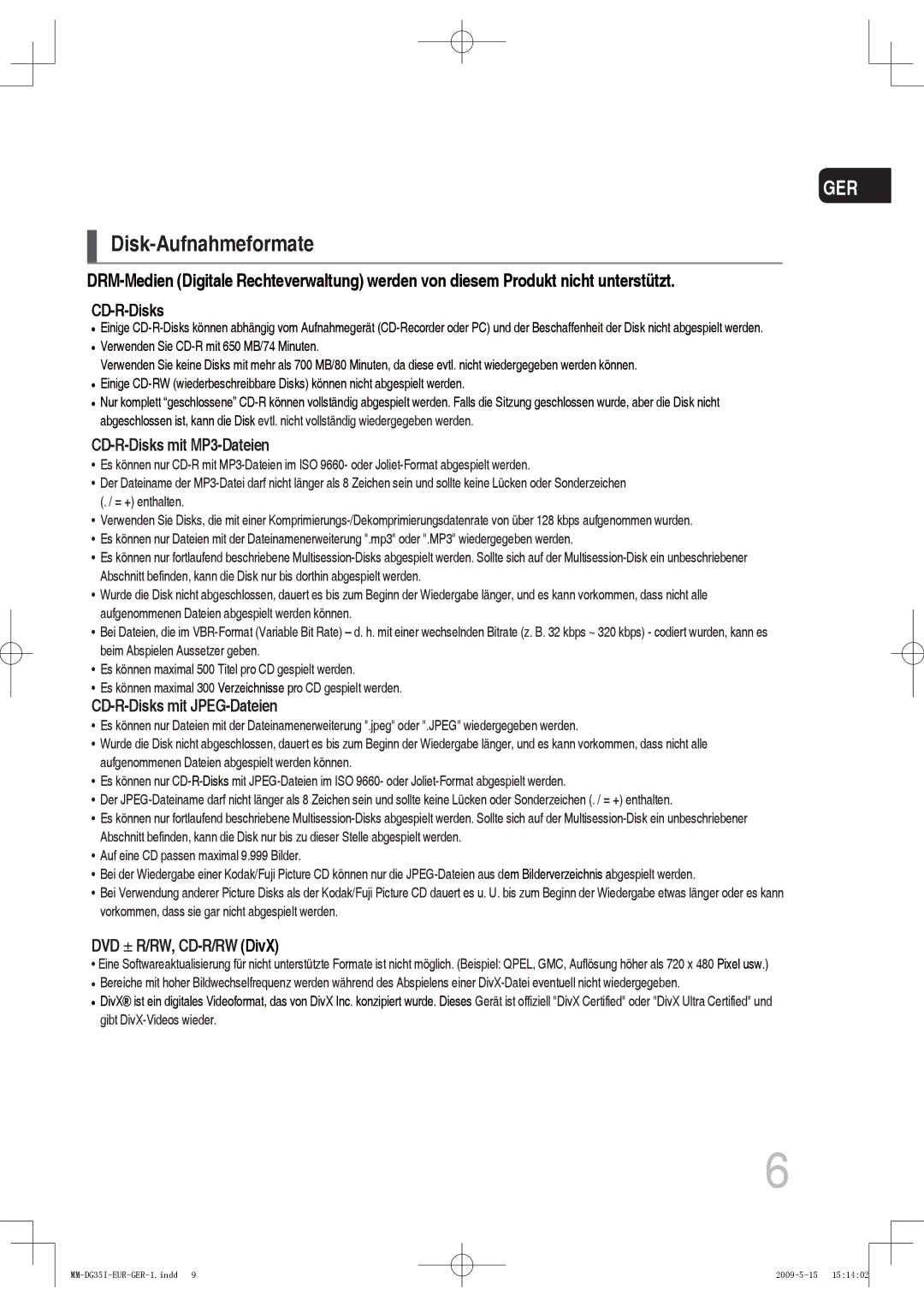 Samsung MM-DG35IR/XEF, MM-DG36IR/EDC, MM-DG35R/EDC, MM-DG35IR/EDC manual Disk-Aufnahmeformate, CD-R-Disks 