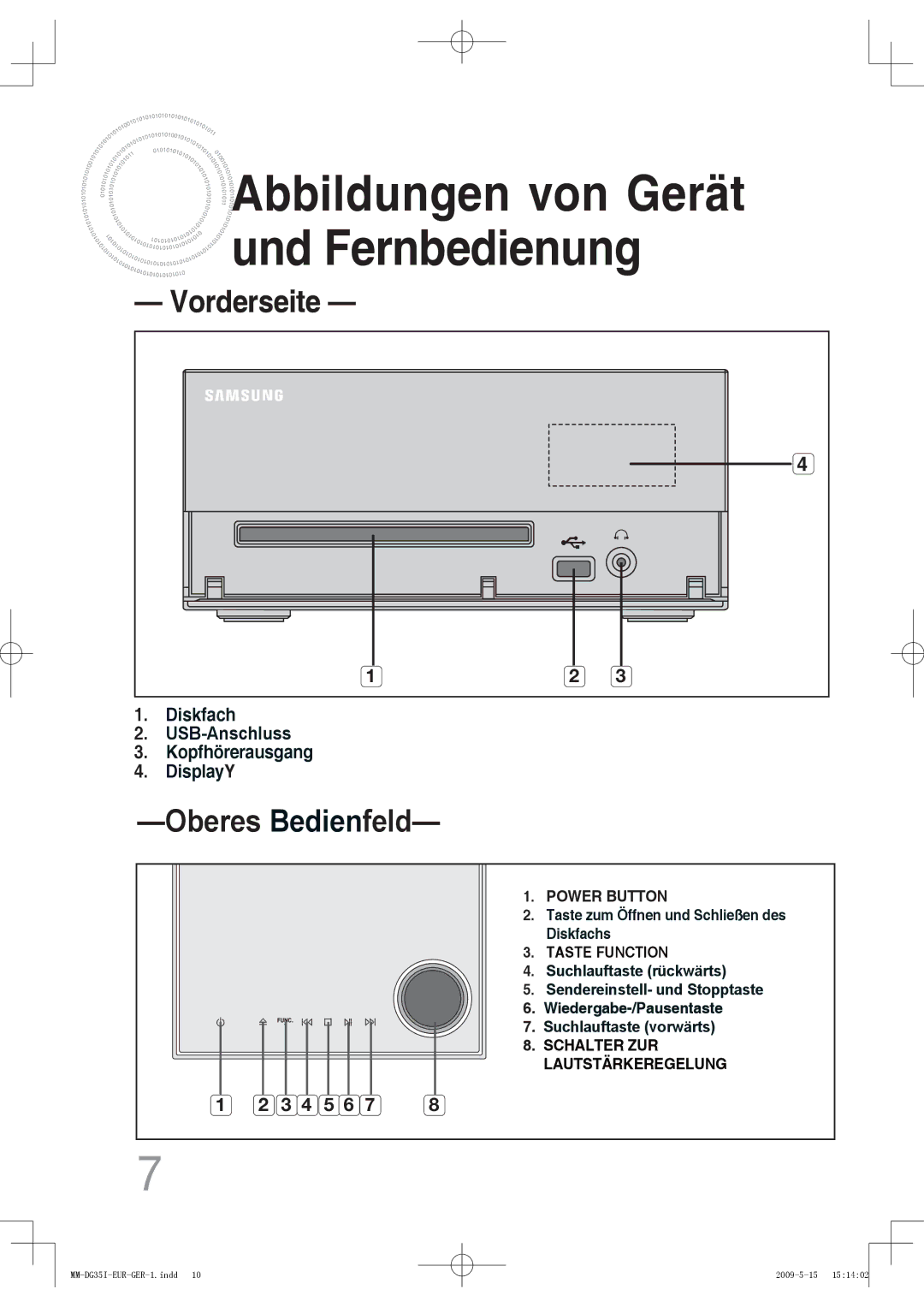 Samsung MM-DG36IR/EDC, MM-DG35R/EDC, MM-DG35IR/EDC, MM-DG35IR/XEF Abbildungen von Gerät und Fernbedienung, Oberes Bedienfeld 