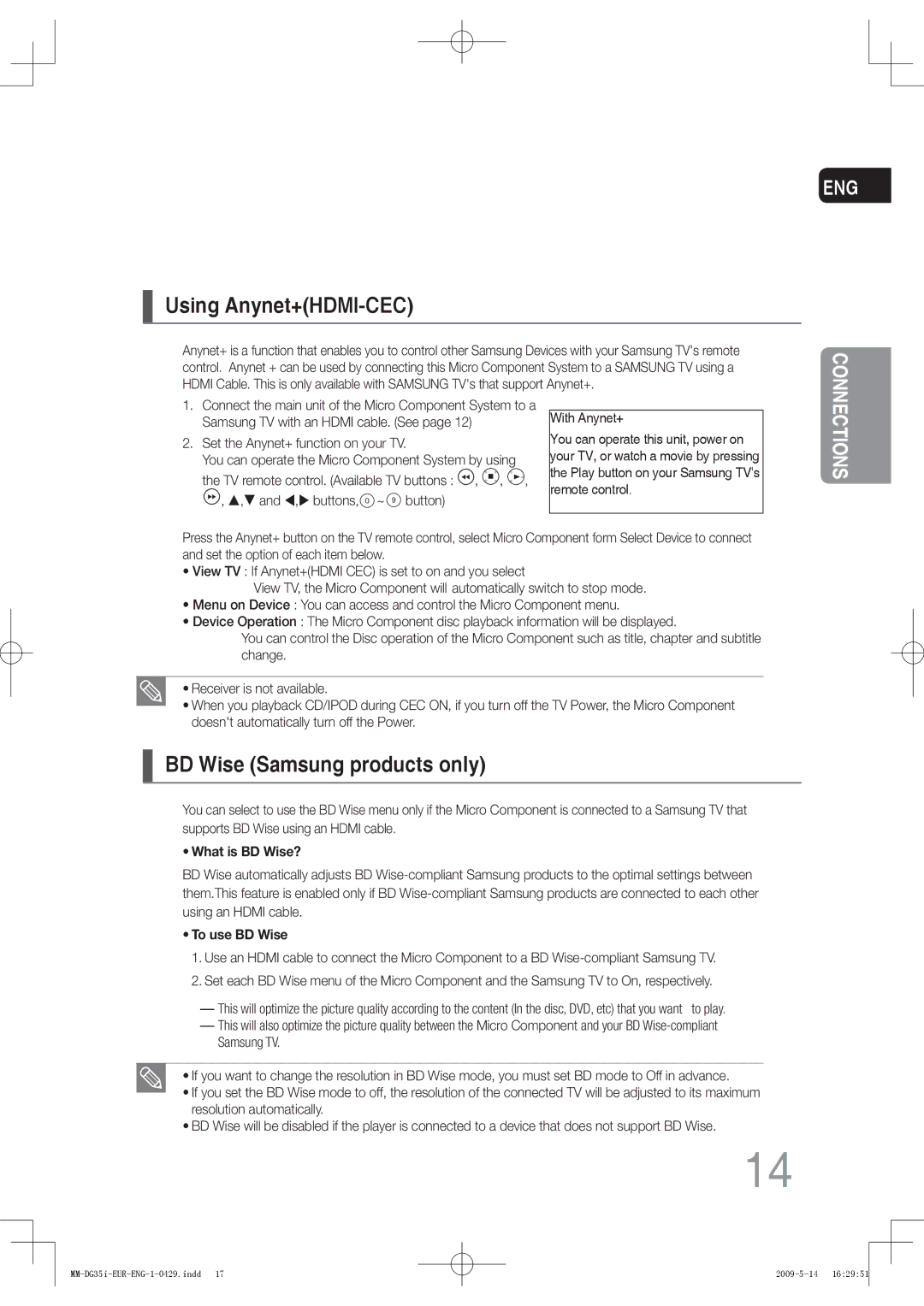 Samsung MM-DG35R/XEE, MM-DG36IR/EDC, MM-DG35R/EDC, MM-DG35IR/EDC manual Using Anynet+HDMI-CEC, BD Wise Samsung products only 