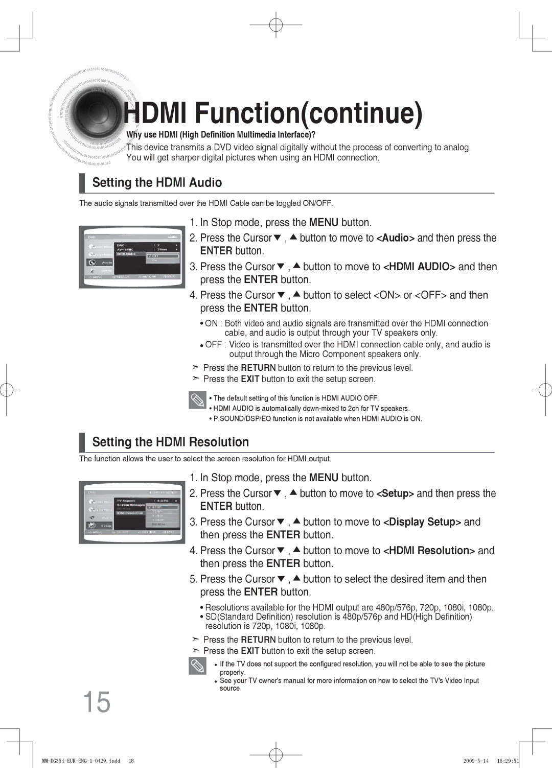 Samsung MM-DG36IR/EDC, MM-DG35R/EDC manual Hdmi Functioncontinue, Setting the Hdmi Audio, Setting the Hdmi Resolution 