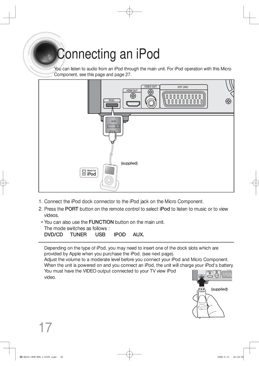 Samsung MM-DG35IR/EDC, MM-DG36IR/EDC, MM-DG35R/EDC, MM-DG35R/XEF, MM-DG35IR/XEF Connecting an iPod, DVD/CD Tuner USB Ipod AUX 