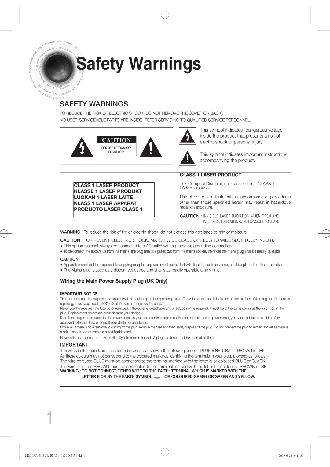 Samsung MM-DG35IR/EDC, MM-DG36IR/EDC, MM-DG35R/EDC, MM-DG35R/XEF, MM-DG35IR/XEF, MM-DG36IR/XEE, MM-DG35IR/XEE Safety Warnings 