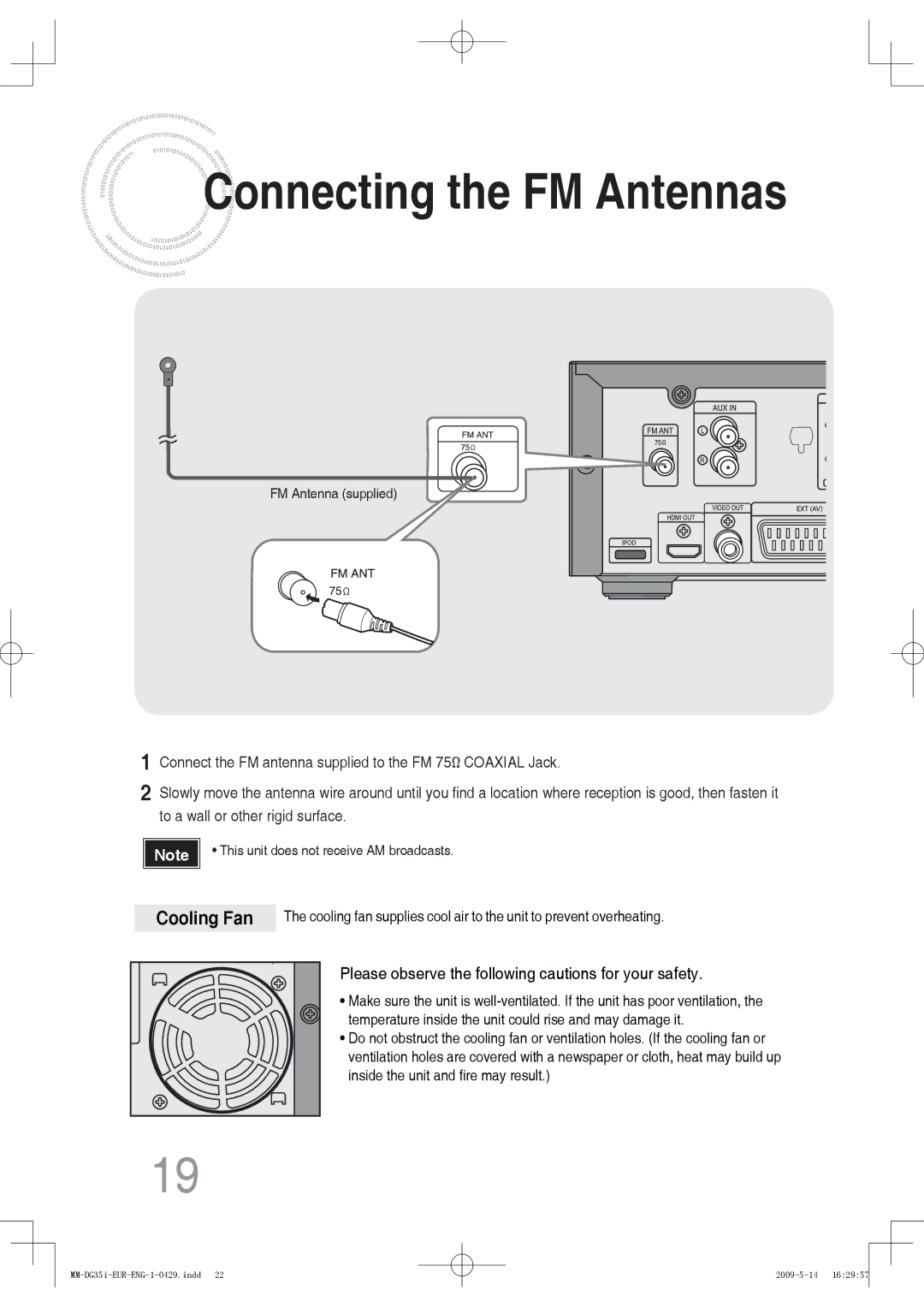 Samsung MM-DG35IR/XEF, MM-DG36IR/EDC, MM-DG35R/EDC, MM-DG35IR/EDC, MM-DG35R/XEF manual Connecting the FM Antennas, Cooling Fan 