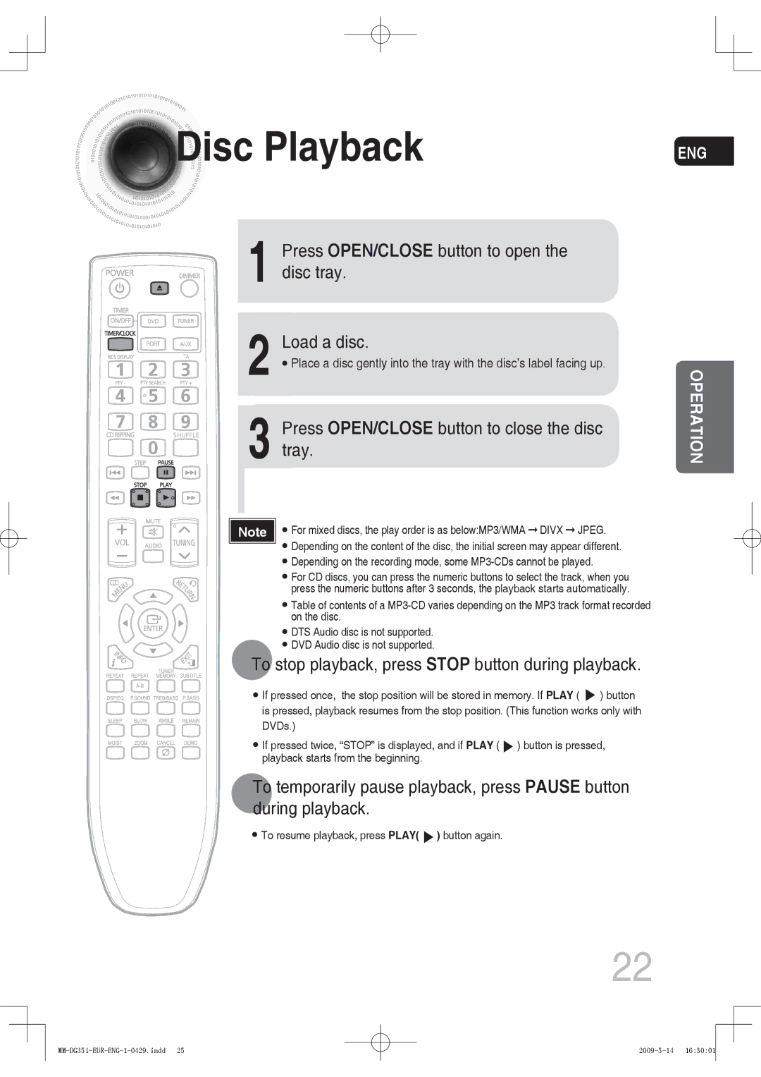 Samsung MM-DG35R/XEE, MM-DG36IR/EDC, MM-DG35R/EDC Disc Playback, Press OPEN/CLOSE button to open the disc tray Load a disc 