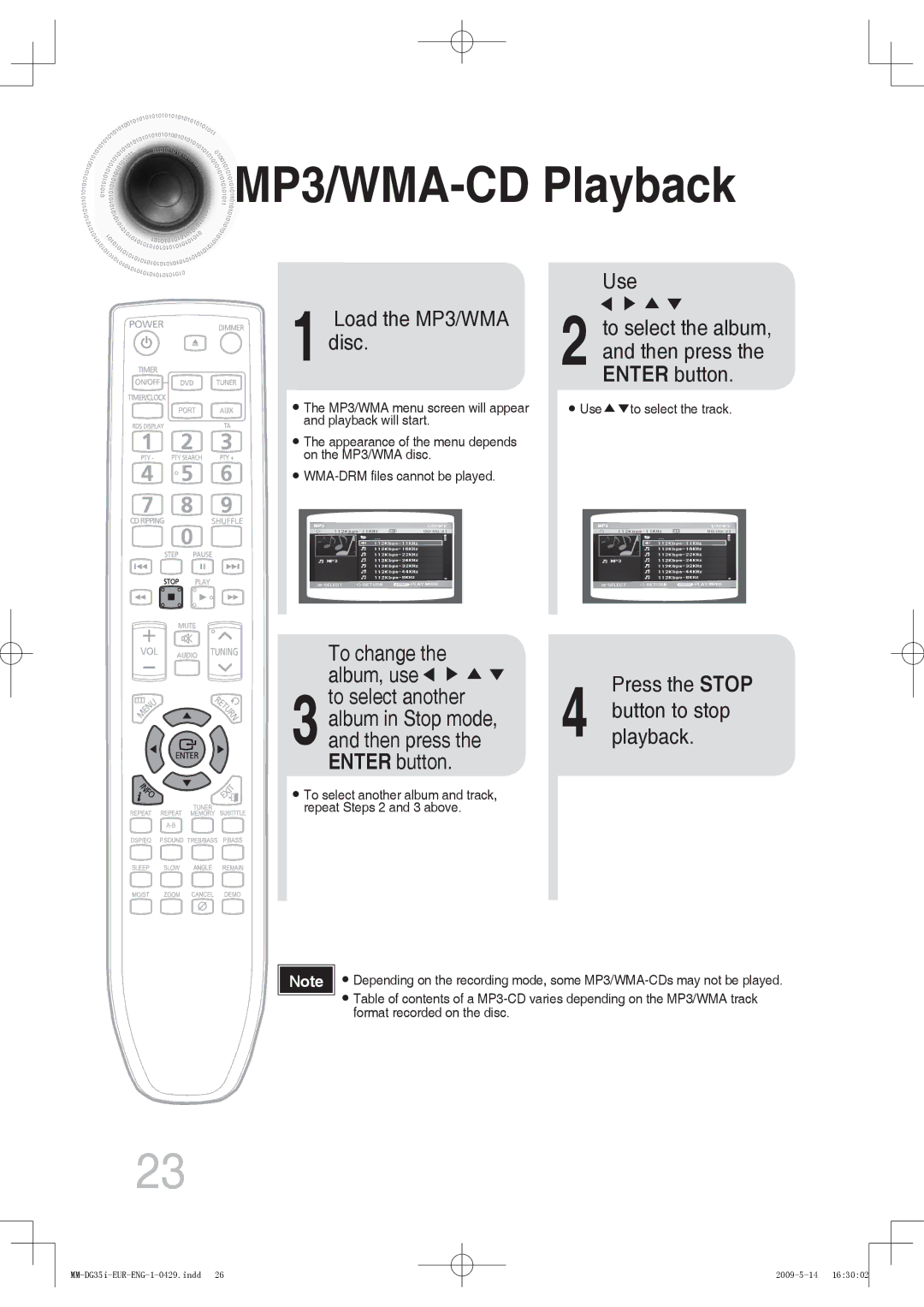 Samsung MM-DG36IR/EDC manual MP3/WMA-CD Playback, Load the MP3/WMA disc Use, To change the album, use, Press the Stop 