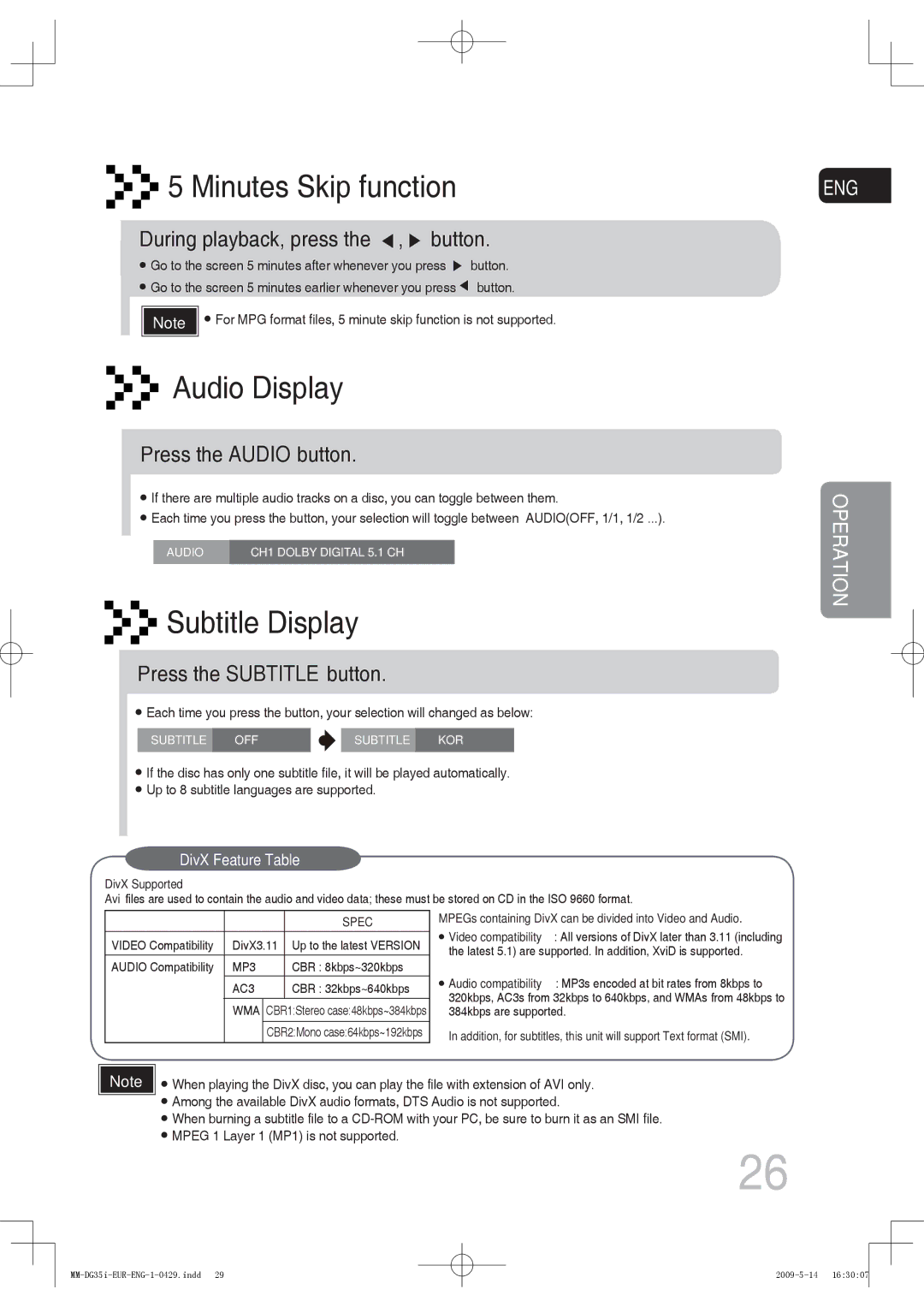 Samsung MM-DG35R/XEF, MM-DG36IR/EDC Minutes Skip function, During playback, press the , button, Press the Audio button 