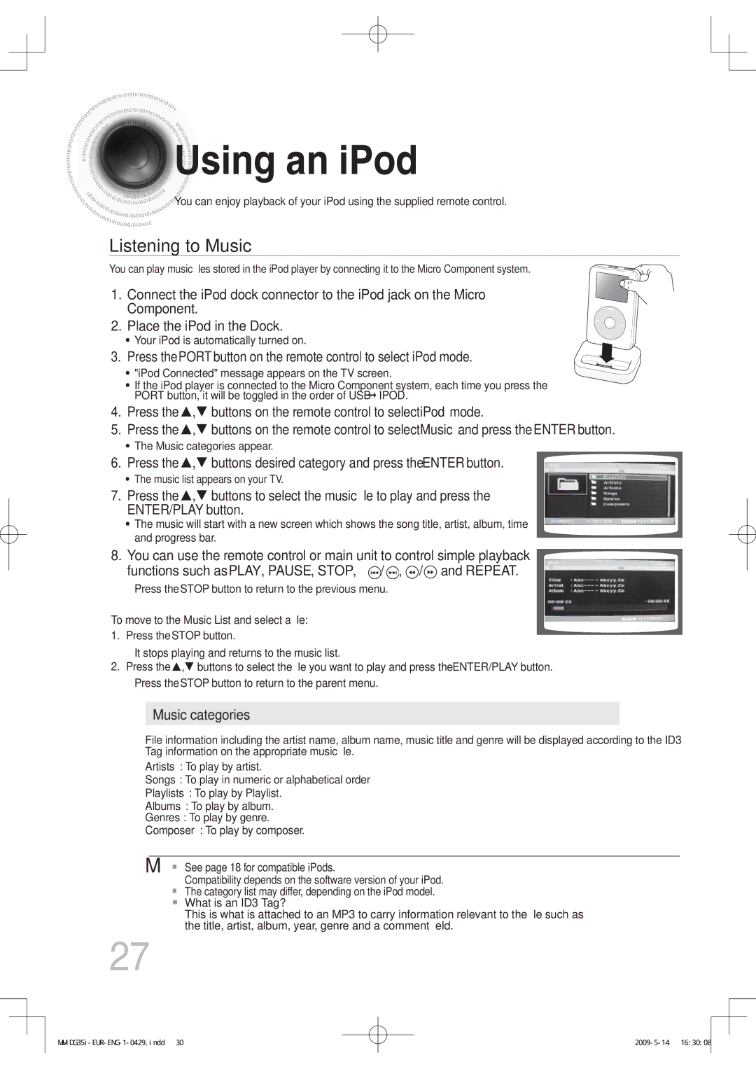 Samsung MM-DG35IR/XEF, MM-DG36IR/EDC, MM-DG35R/EDC, MM-DG35IR/EDC, MM-DG35R/XEF manual Using an iPod, Listening to Music 