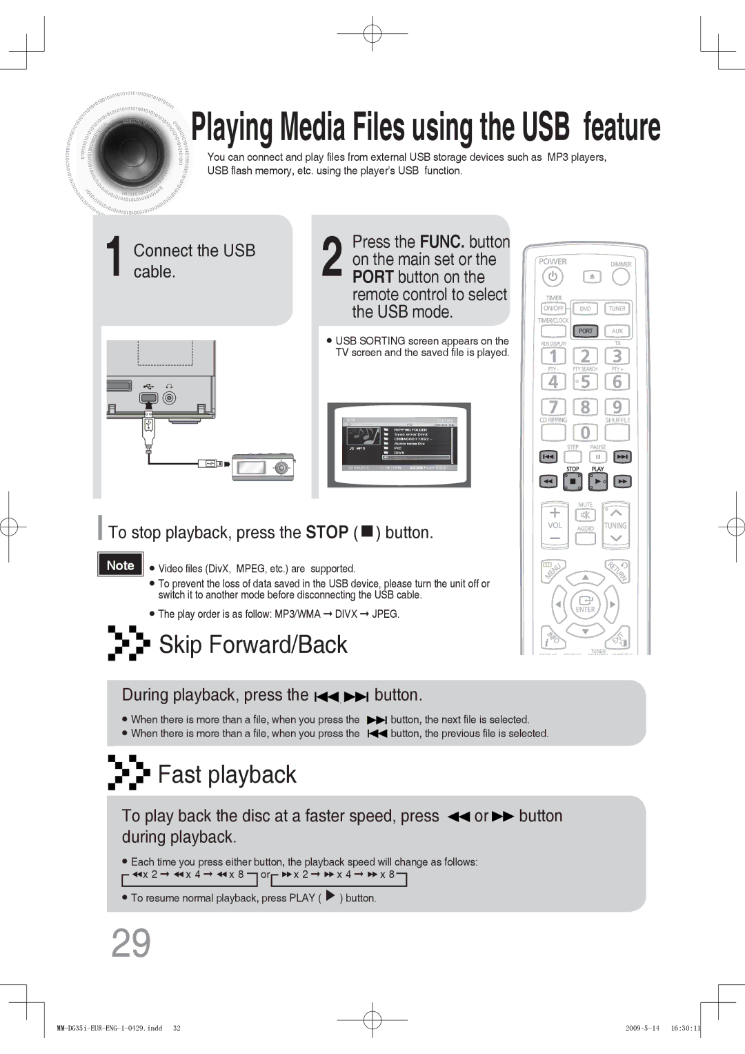 Samsung MM-DG35IR/XEE, MM-DG36IR/EDC, MM-DG35R/EDC manual Connect the USB cable, To stop playback, press the Stop button 