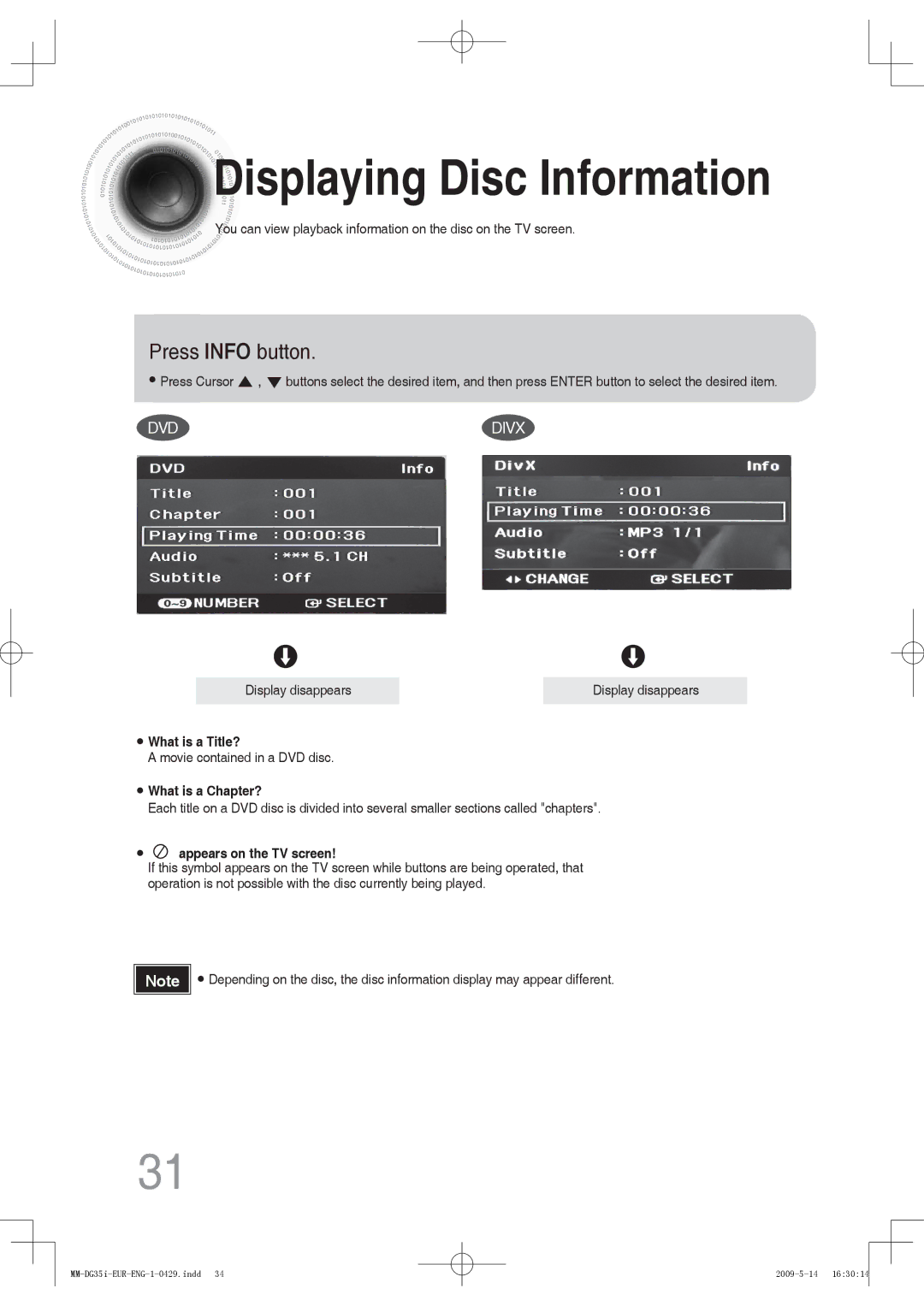 Samsung MM-DG36IR/EDC, MM-DG35R/EDC, MM-DG35IR/EDC, MM-DG35R/XEF, MM-DG35R/XEE Displaying Disc Information, Press Info button 