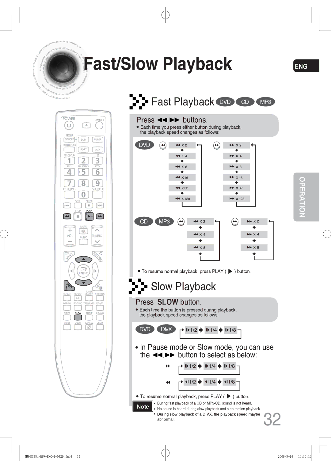 Samsung MM-DG35R/EDC, MM-DG36IR/EDC, MM-DG35IR/EDC, MM-DG35R/XEF manual Fast/Slow Playback, Press buttons, Press Slow button 