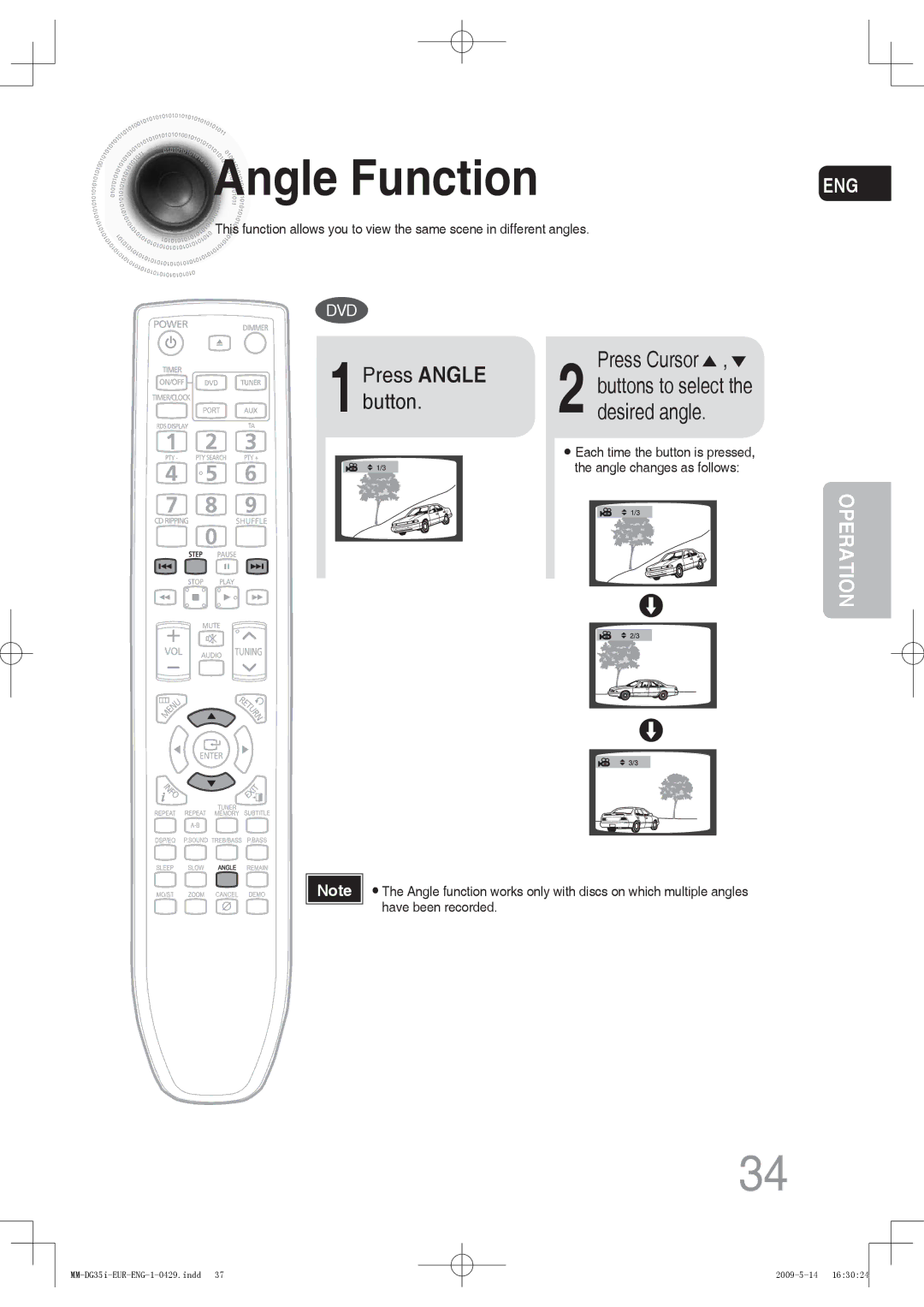 Samsung MM-DG35R/XEF, MM-DG36IR/EDC, MM-DG35R/EDC, MM-DG35IR/EDC manual Angle Function, Desired angle, 1Press Angle button 