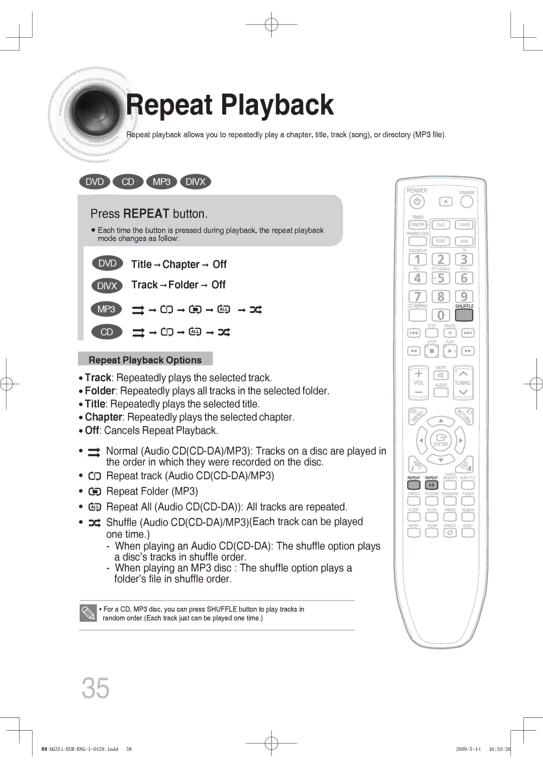 Samsung MM-DG35IR/XEF, MM-DG36IR/EDC, MM-DG35R/EDC, MM-DG35IR/EDC, MM-DG35R/XEF manual Repeat Playback, Press Repeat button 