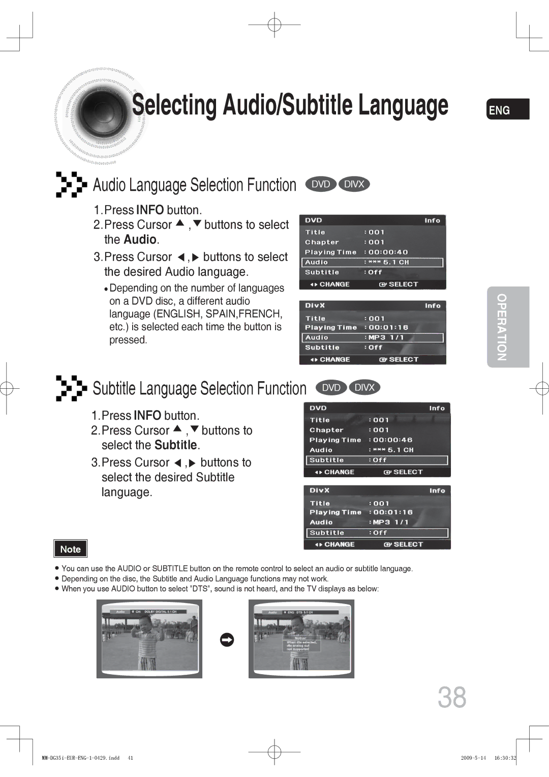 Samsung MM-DG35R/XEE, MM-DG36IR/EDC, MM-DG35R/EDC, MM-DG35R/XEF Press Info button Press Cursor , buttons to select the Audio 