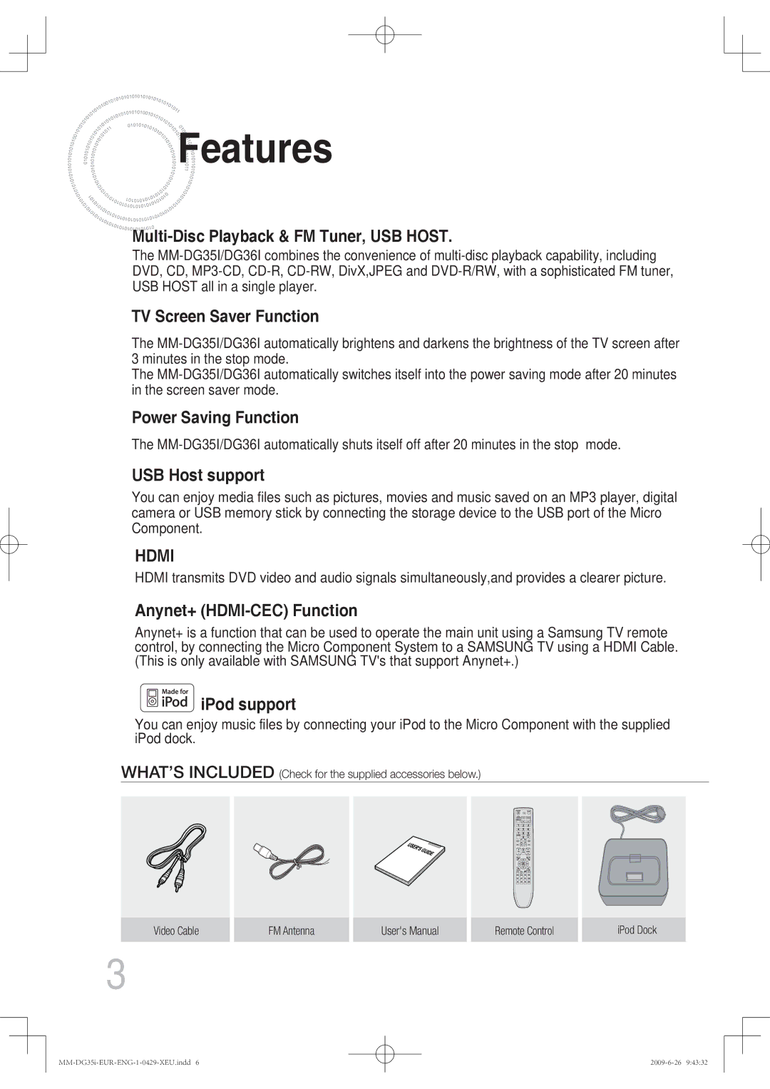 Samsung MM-DG35IR/XEF, MM-DG36IR/EDC, MM-DG35R/EDC, MM-DG35IR/EDC manual Features, Multi-Disc Playback & FM Tuner, USB Host 