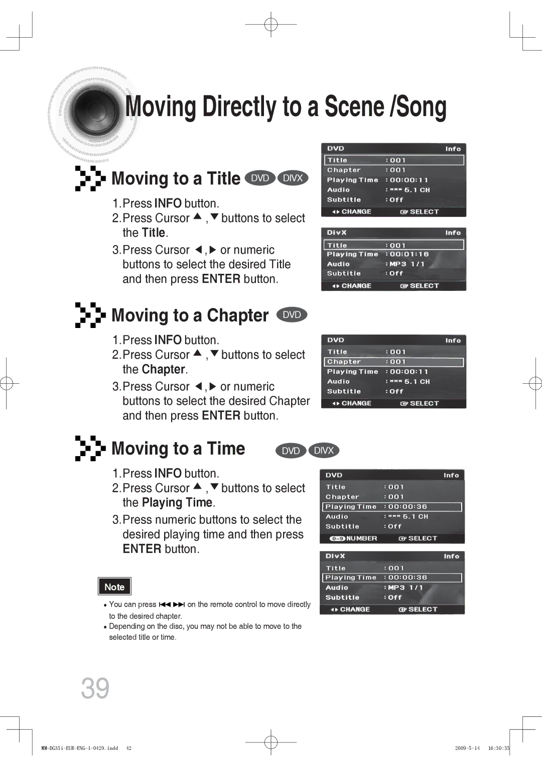 Samsung MM-DG36IR/EDC, MM-DG35R/EDC, MM-DG35IR/EDC Moving to a Title DVD Divx, Moving to a Chapter DVD, Moving to a Time 