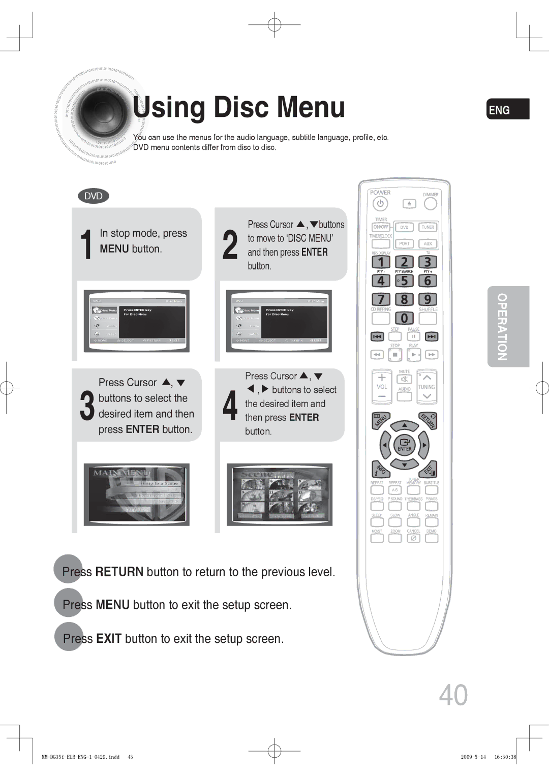 Samsung MM-DG35R/EDC, MM-DG36IR/EDC, MM-DG35IR/EDC, MM-DG35R/XEF, MM-DG35IR/XEF manual Using Disc Menu, Press Cursor , buttons 