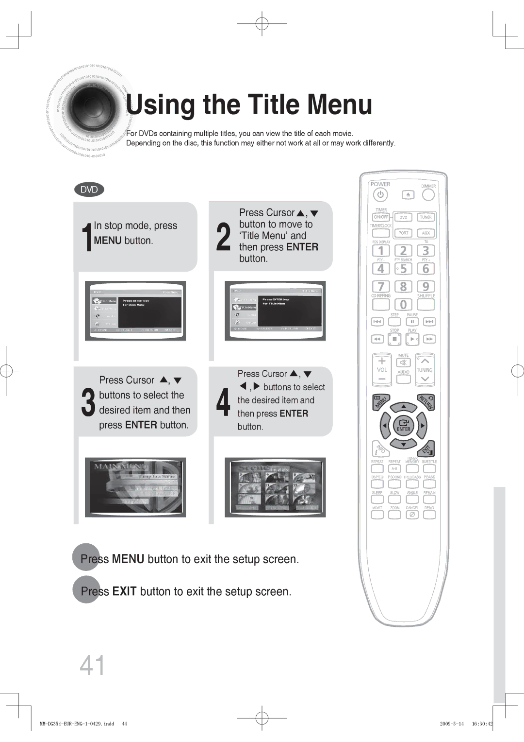 Samsung MM-DG35IR/EDC, MM-DG36IR/EDC, MM-DG35R/EDC, MM-DG35R/XEF, MM-DG35IR/XEF, MM-DG36IR/XEE manual Using the Title Menu 