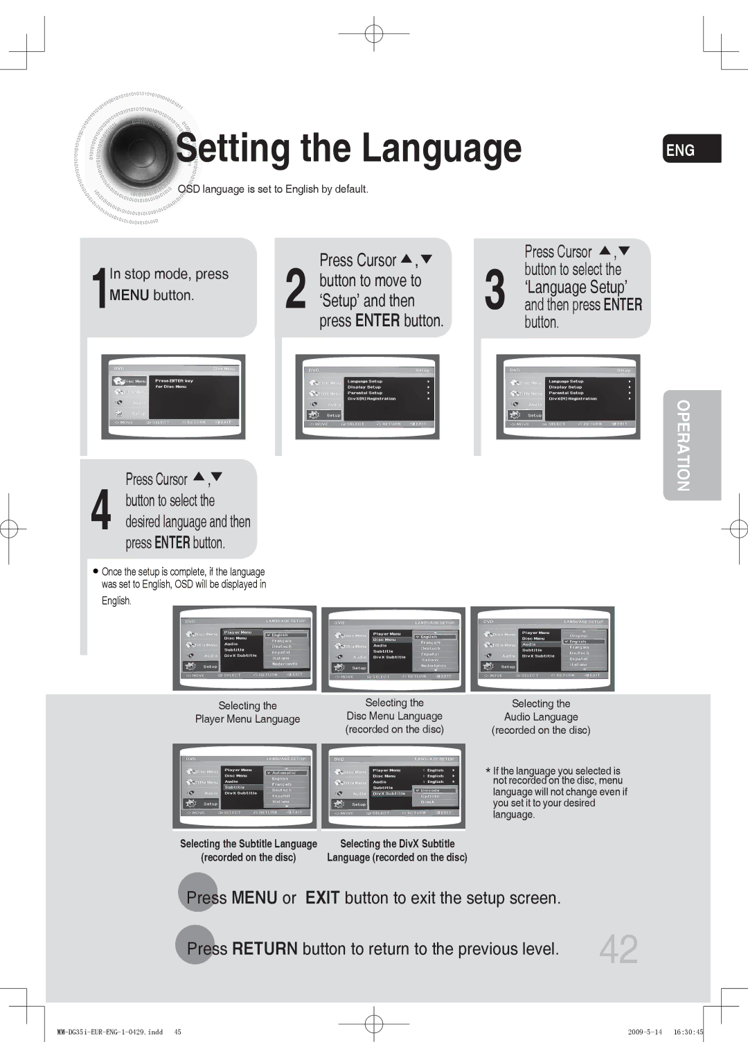 Samsung MM-DG35R/XEF, MM-DG36IR/EDC, MM-DG35R/EDC Setting the Language, Press Cursor, Button to move to, ‘Setup’ and then 