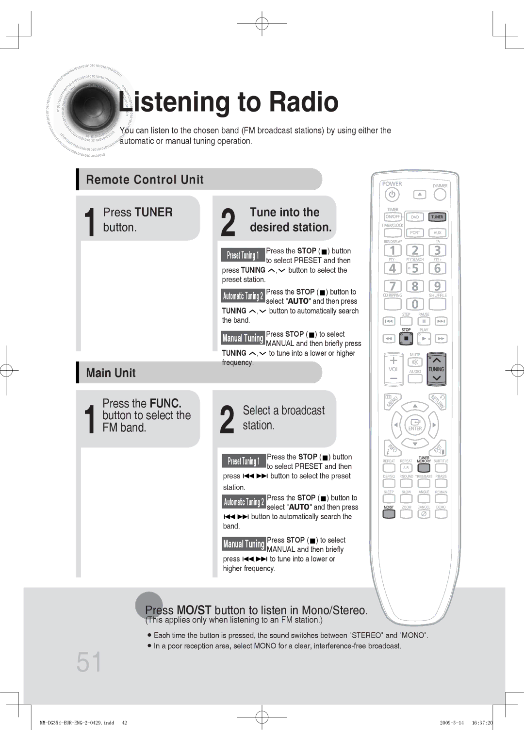 Samsung MM-DG35IR/XEF, MM-DG36IR/EDC, MM-DG35R/EDC manual Listening to Radio, Remote Control Unit, Tune into, Main Unit 