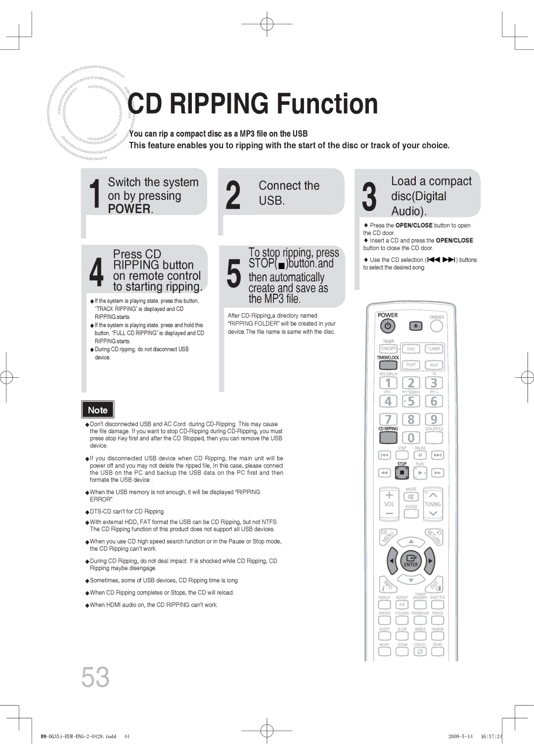 Samsung MM-DG35IR/XEE, MM-DG36IR/EDC, MM-DG35R/EDC, MM-DG35IR/EDC manual CD Ripping Function, Press CD, DiscDigital, Audio 