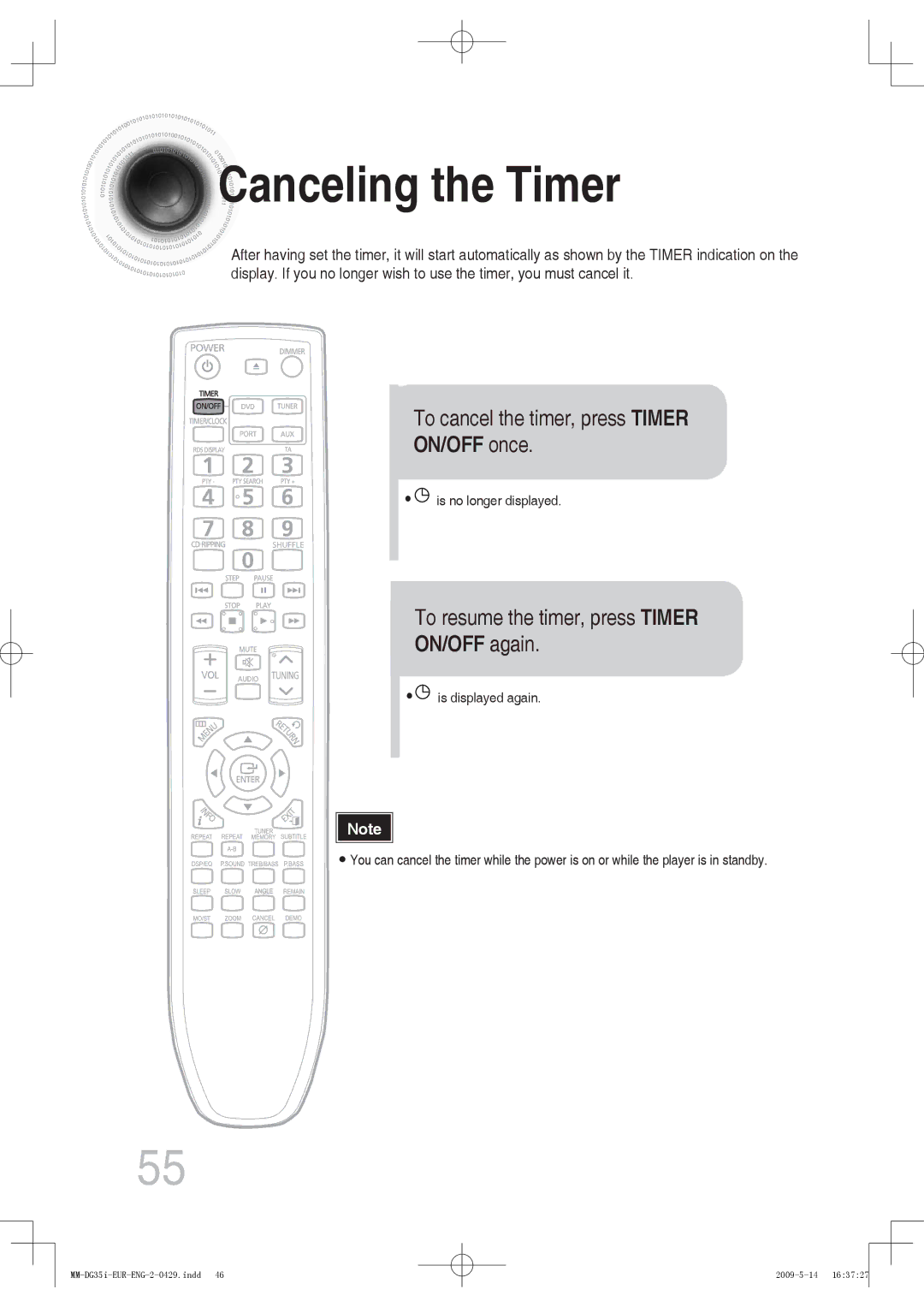 Samsung MM-DG36IR/EDC Canceling the Timer, To cancel the timer, press Timer, ON/OFF once, To resume the timer, press Timer 