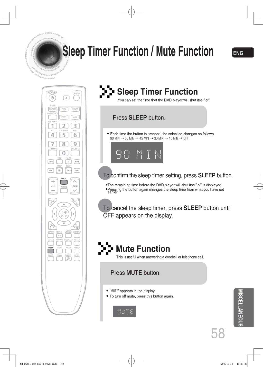 Samsung MM-DG35R/XEF, MM-DG36IR/EDC manual Sleep Timer Function, Mute Function, Press Sleep button, Press Mute button 