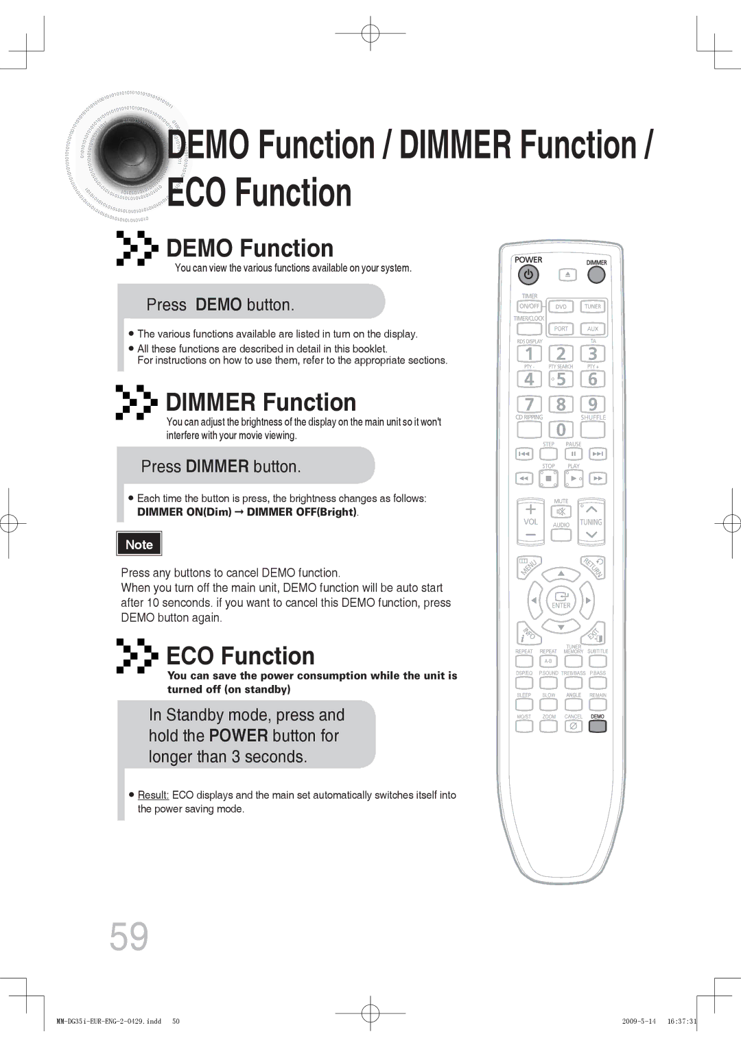 Samsung MM-DG35IR/XEF, MM-DG36IR/EDC Demo Function, Dimmer Function, ECO Function, Press Demo button, Press Dimmer button 