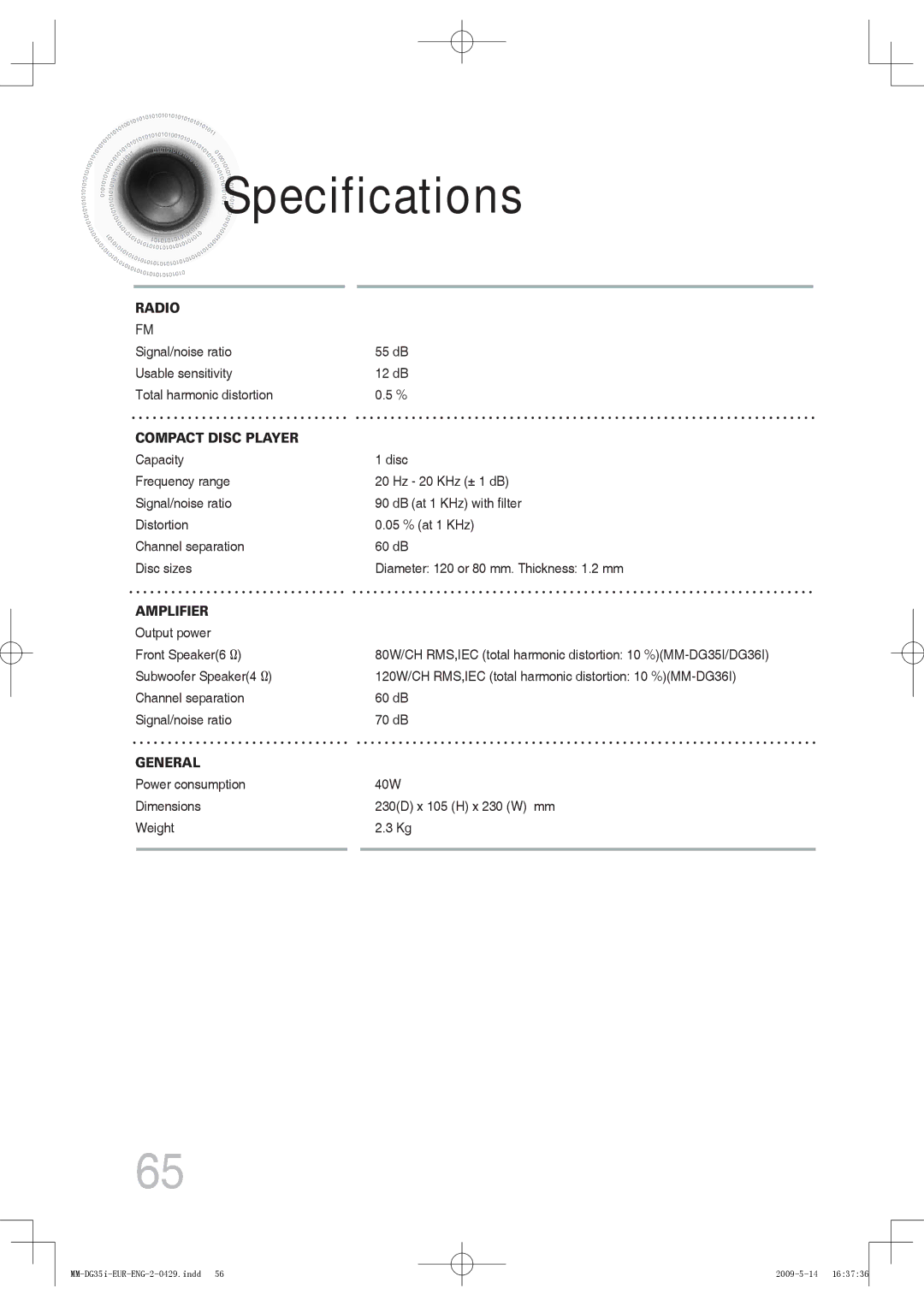 Samsung MM-DG35IR/EDC, MM-DG36IR/EDC, MM-DG35R/EDC, MM-DG35R/XEF, MM-DG35IR/XEF manual Specifications, Compact Disc Player 