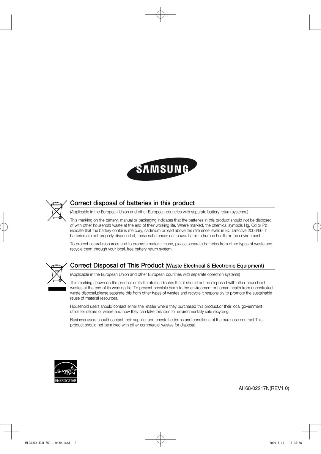 Samsung MM-DG35IR/XEF, MM-DG36IR/EDC, MM-DG35R/EDC, MM-DG35IR/EDC, MM-DG35R/XEF Correct disposal of batteries in this product 