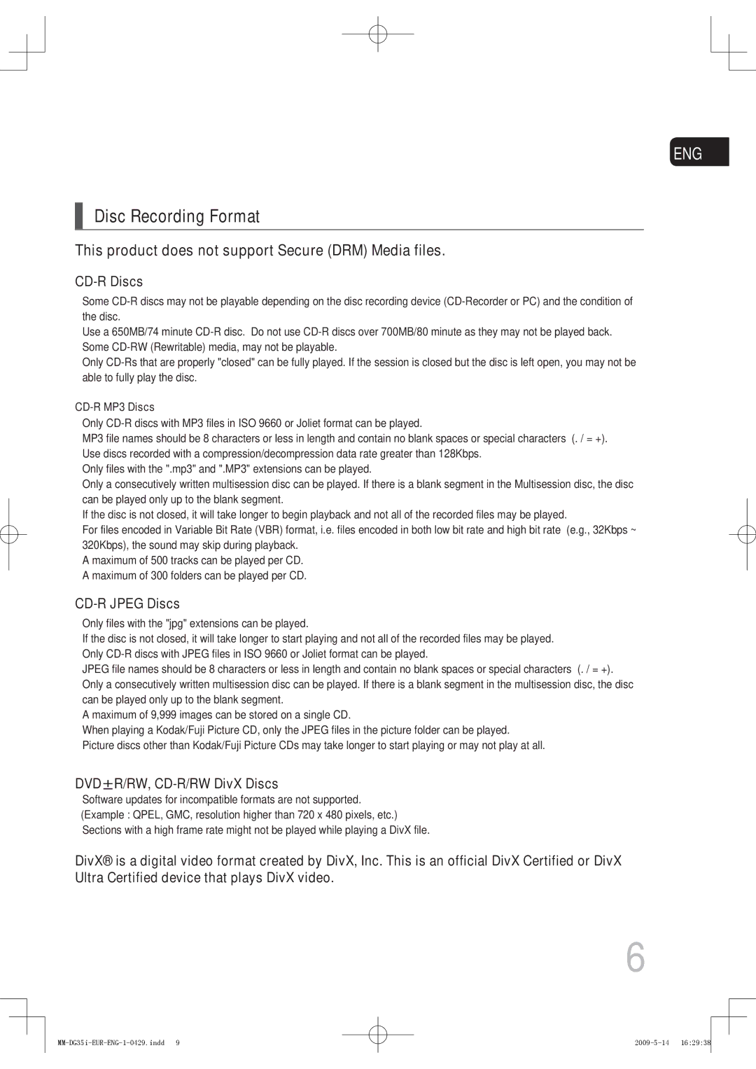 Samsung MM-DG35R/XEE, MM-DG36IR/EDC manual Disc Recording Format, This product does not support Secure DRM Media files 