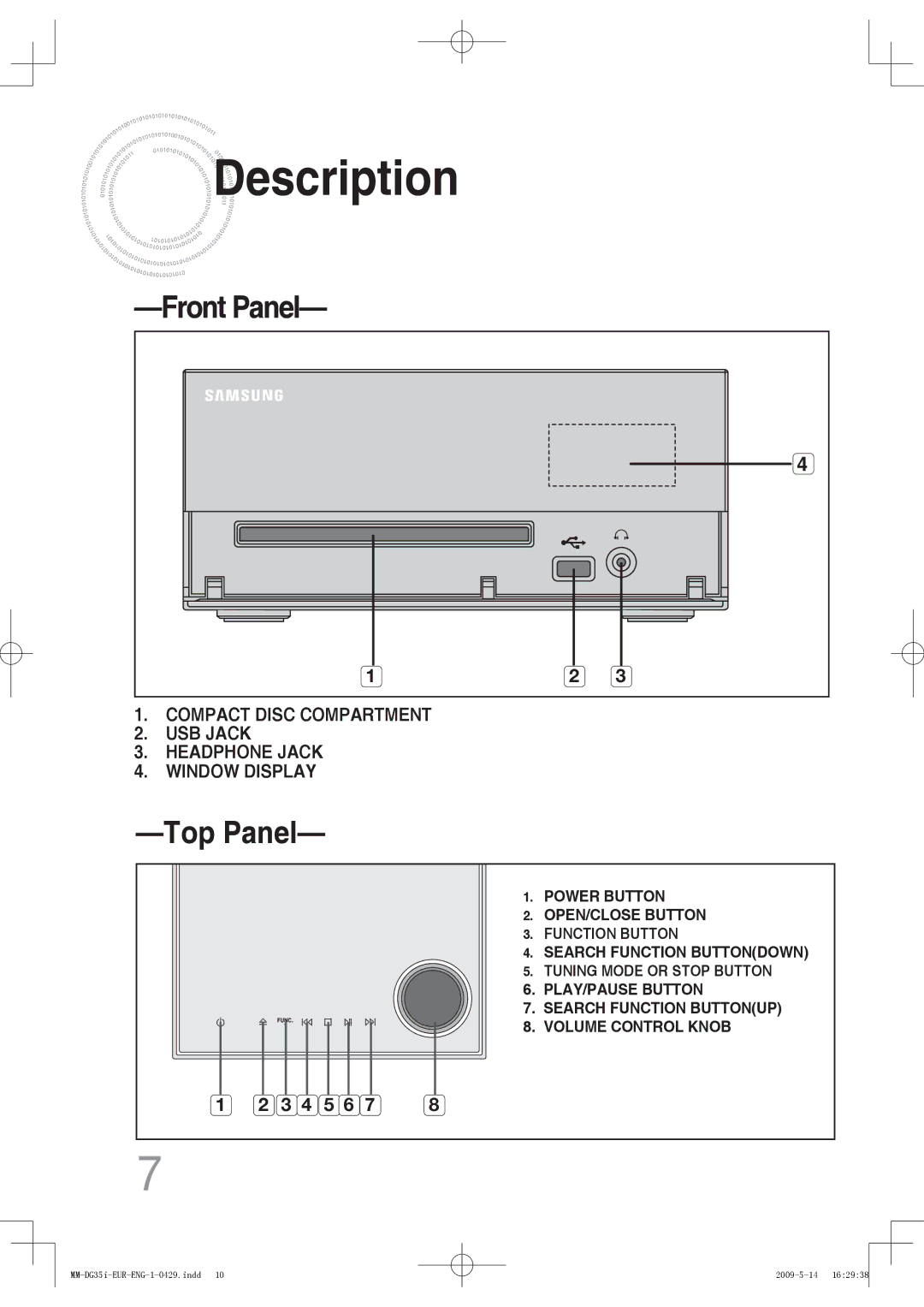 Samsung MM-DG36IR/EDC, MM-DG35R/EDC, MM-DG35IR/EDC, MM-DG35R/XEF, MM-DG35IR/XEF, MM-DG36IR/XEE manual Description, Top Panel 