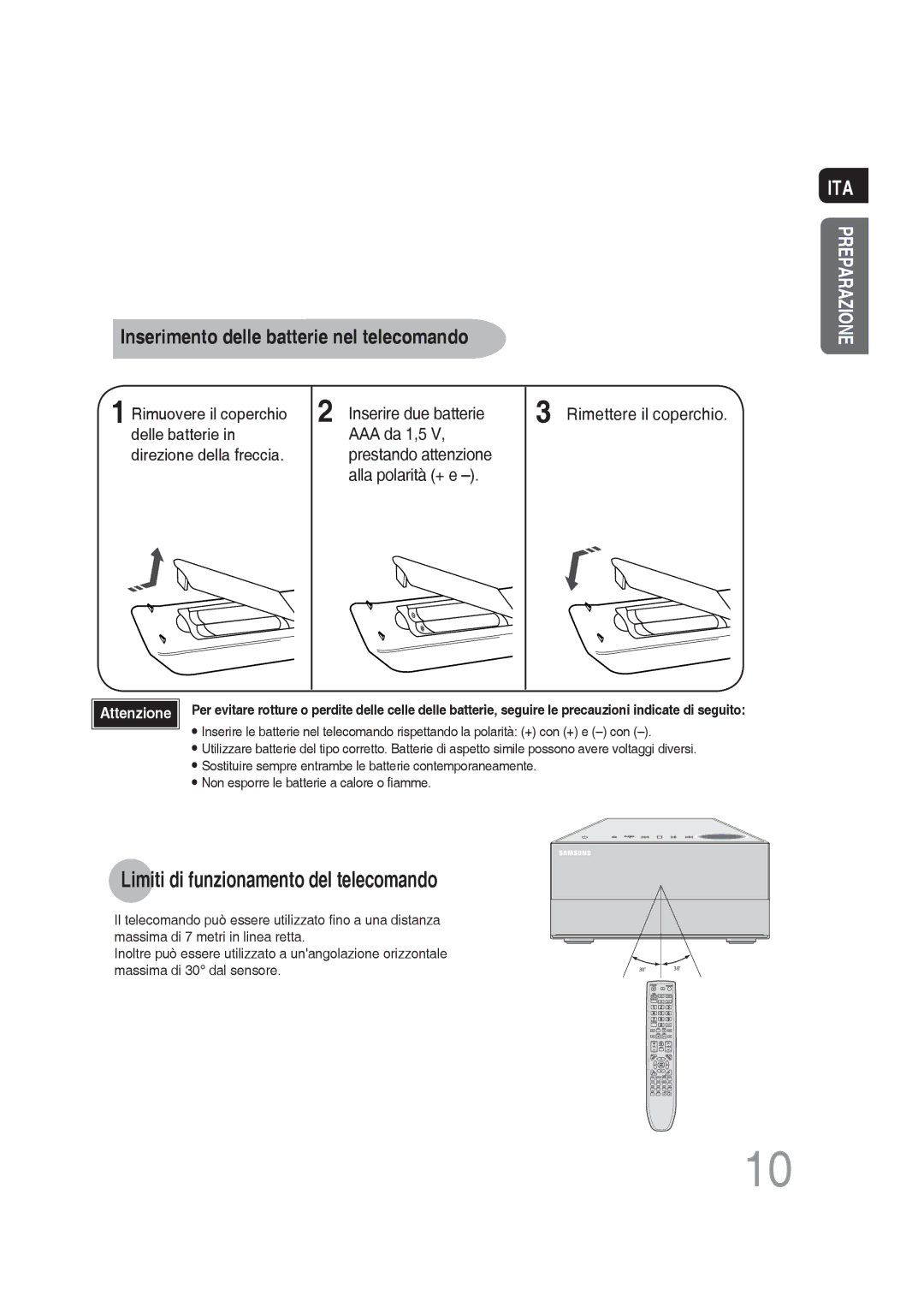 Samsung MM-DG36R/XET manual Limiti di funzionamento del telecomando, Inserimento delle batterie nel telecomando 