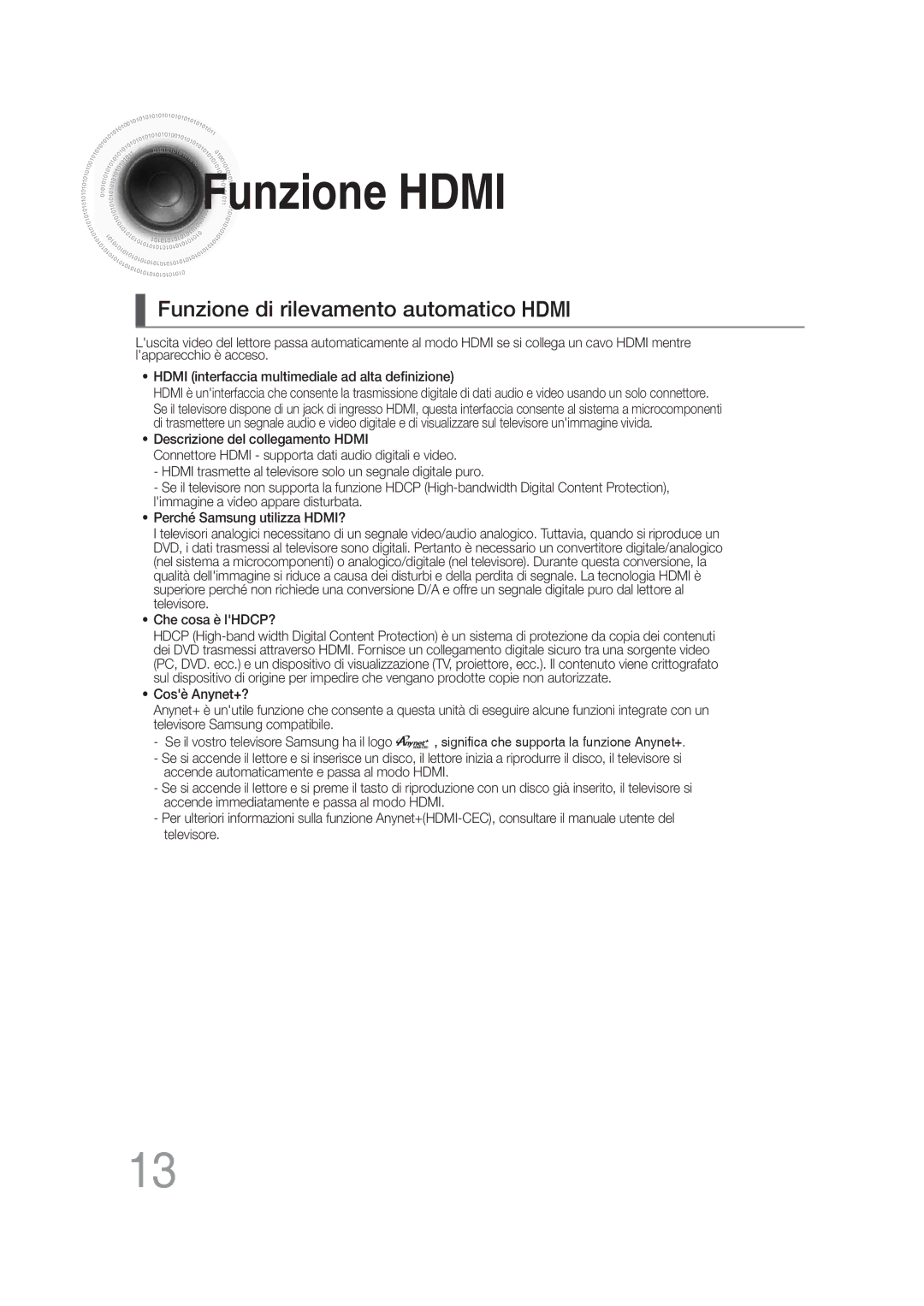 Samsung MM-DG36R/XET manual Funzione Hdmi, Funzione di rilevamento automatico Hdmi 