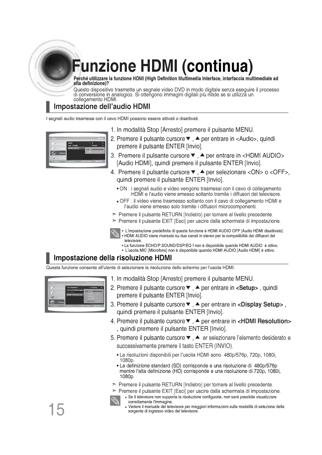 Samsung MM-DG36R/XET manual Funzione Hdmi continua, Impostazione dell’audio Hdmi 