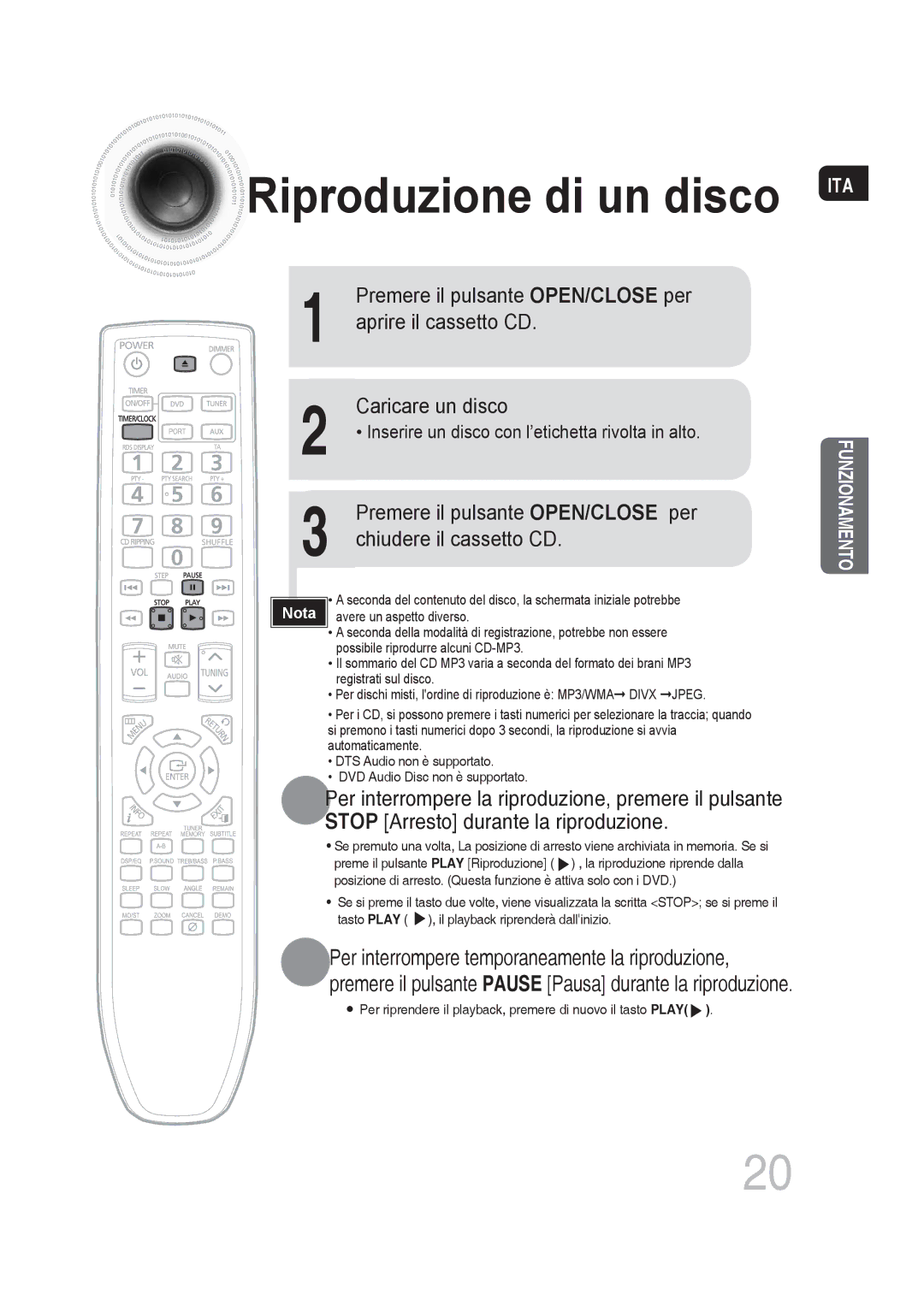 Samsung MM-DG36R/XET manual Riproduzione di un disco, Stop Arresto durante la riproduzione 