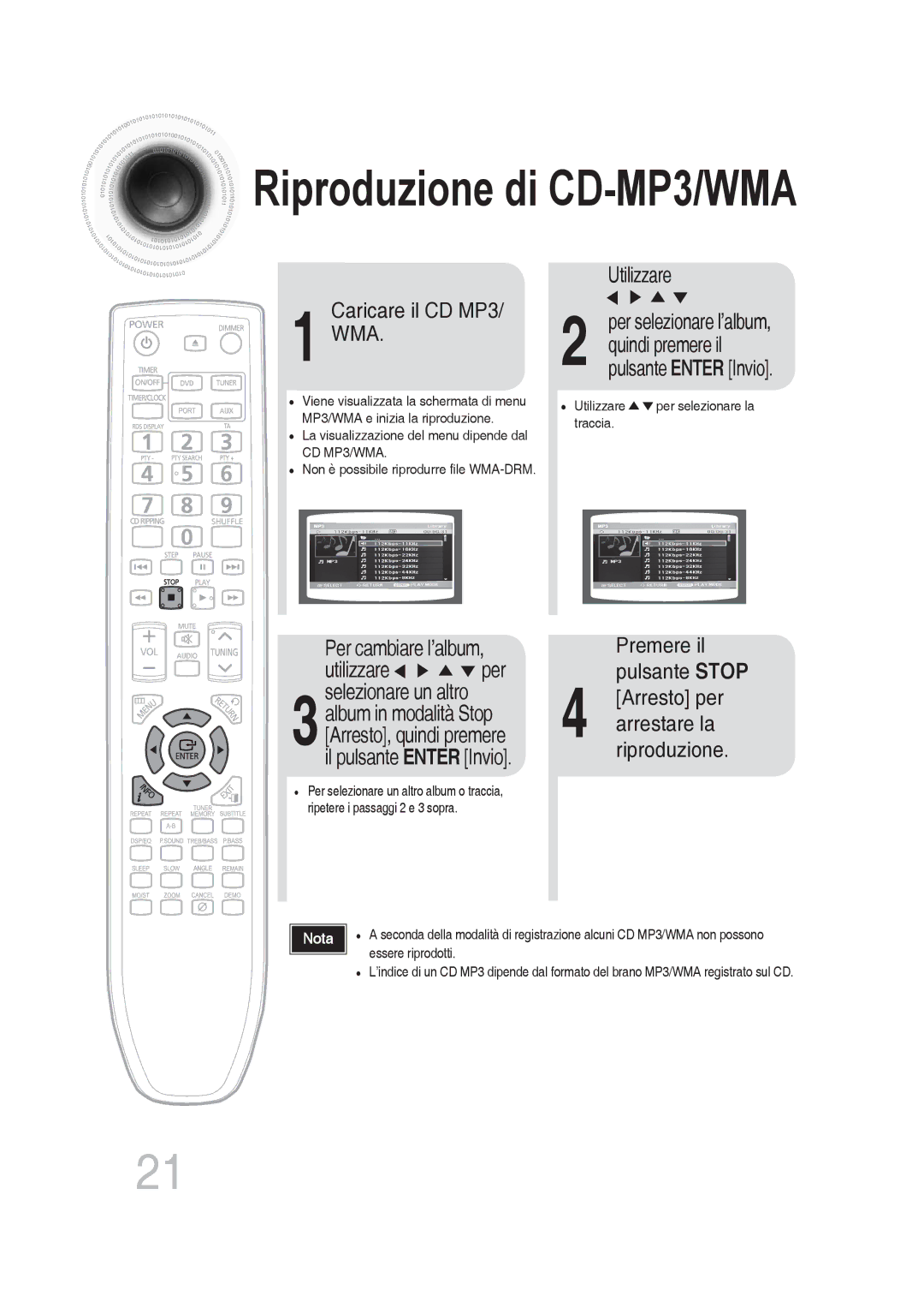 Samsung MM-DG36R/XET manual Caricare il CD MP3/ WMA, Per cambiare l’album, Utilizzare Per selezionare l’album 