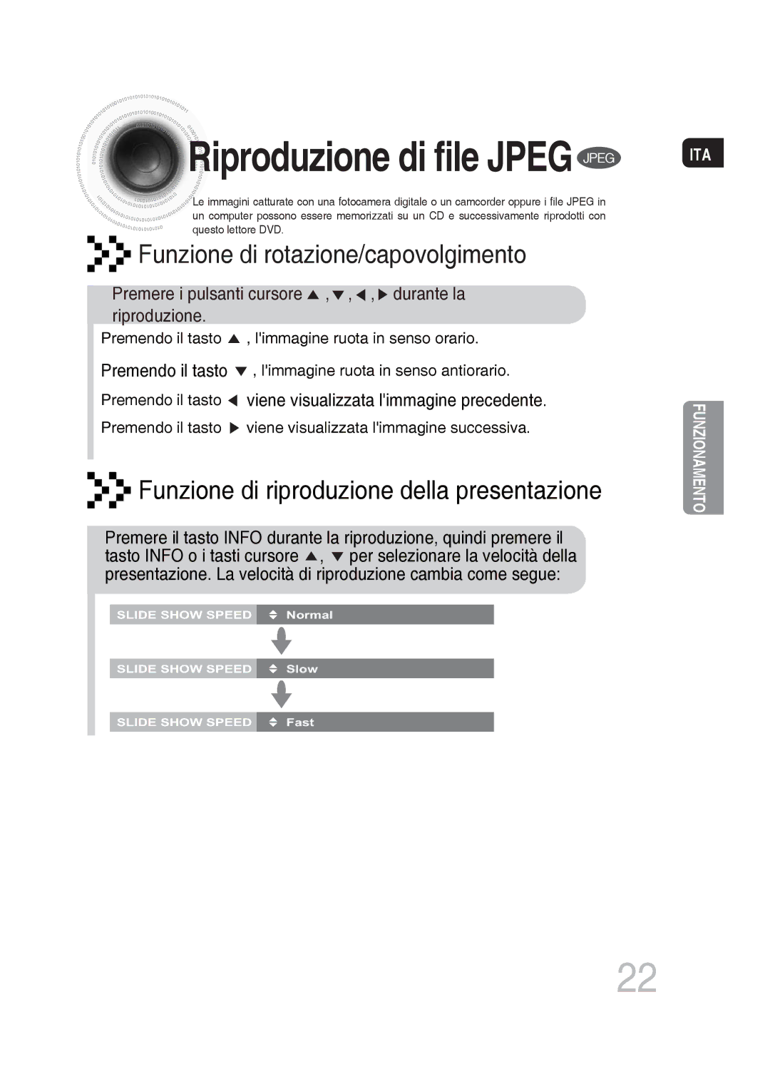 Samsung MM-DG36R/XET manual Riproduzione di file Jpeg Jpeg, Premere i pulsanti cursore , , , durante la riproduzione 